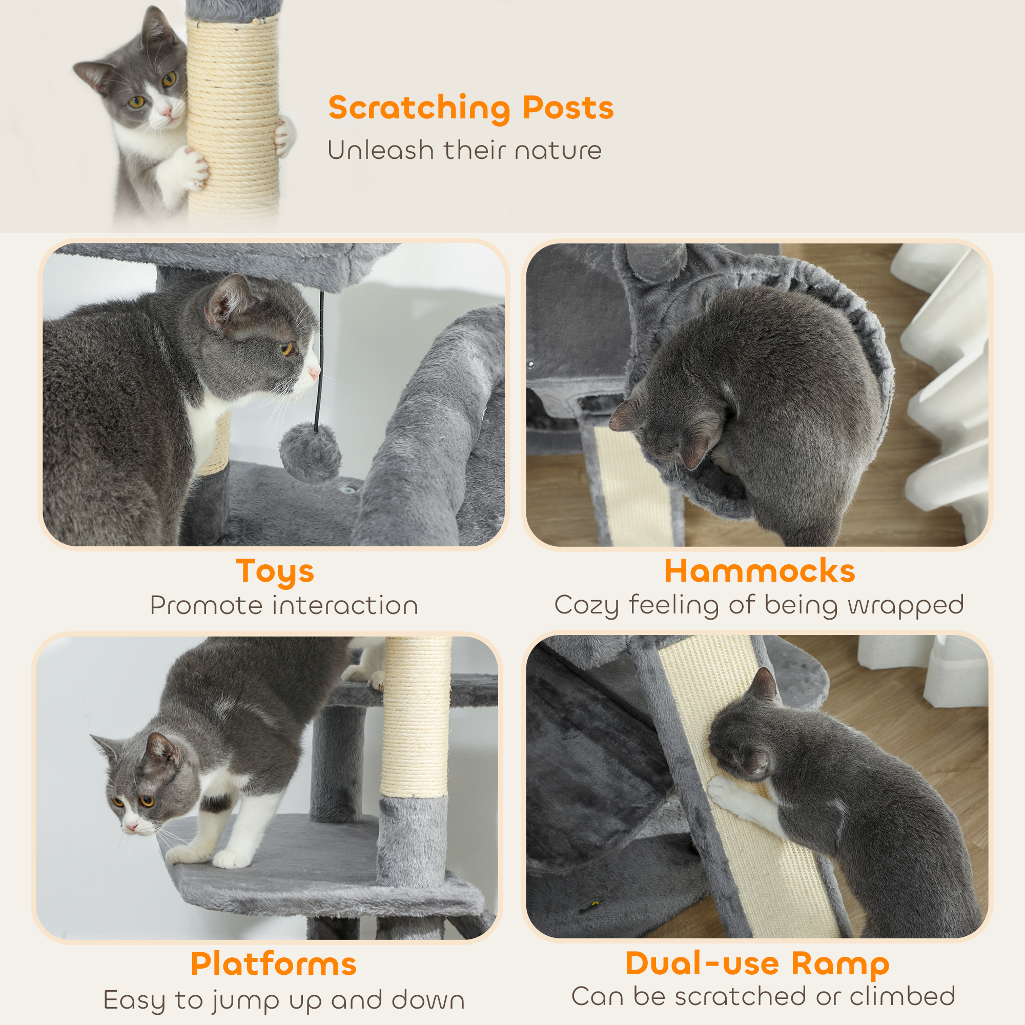 Árbol para Gatos de 69", Torre Multinivel con 2 Condominios y 3 Hamacas, 8 Postes Rascadores, para Varios Gatos, Gris Oscuro — imagen 2