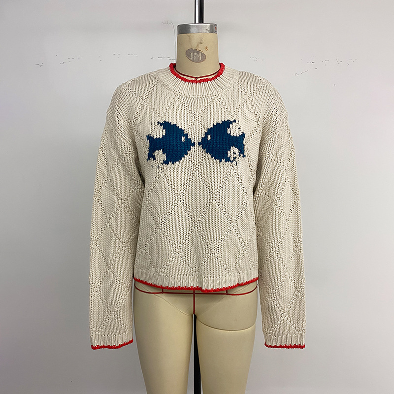 Color Block Contrast Trim Fish Pattern Long Sleeve Round Neck Pullover Knit Sweater — image 7