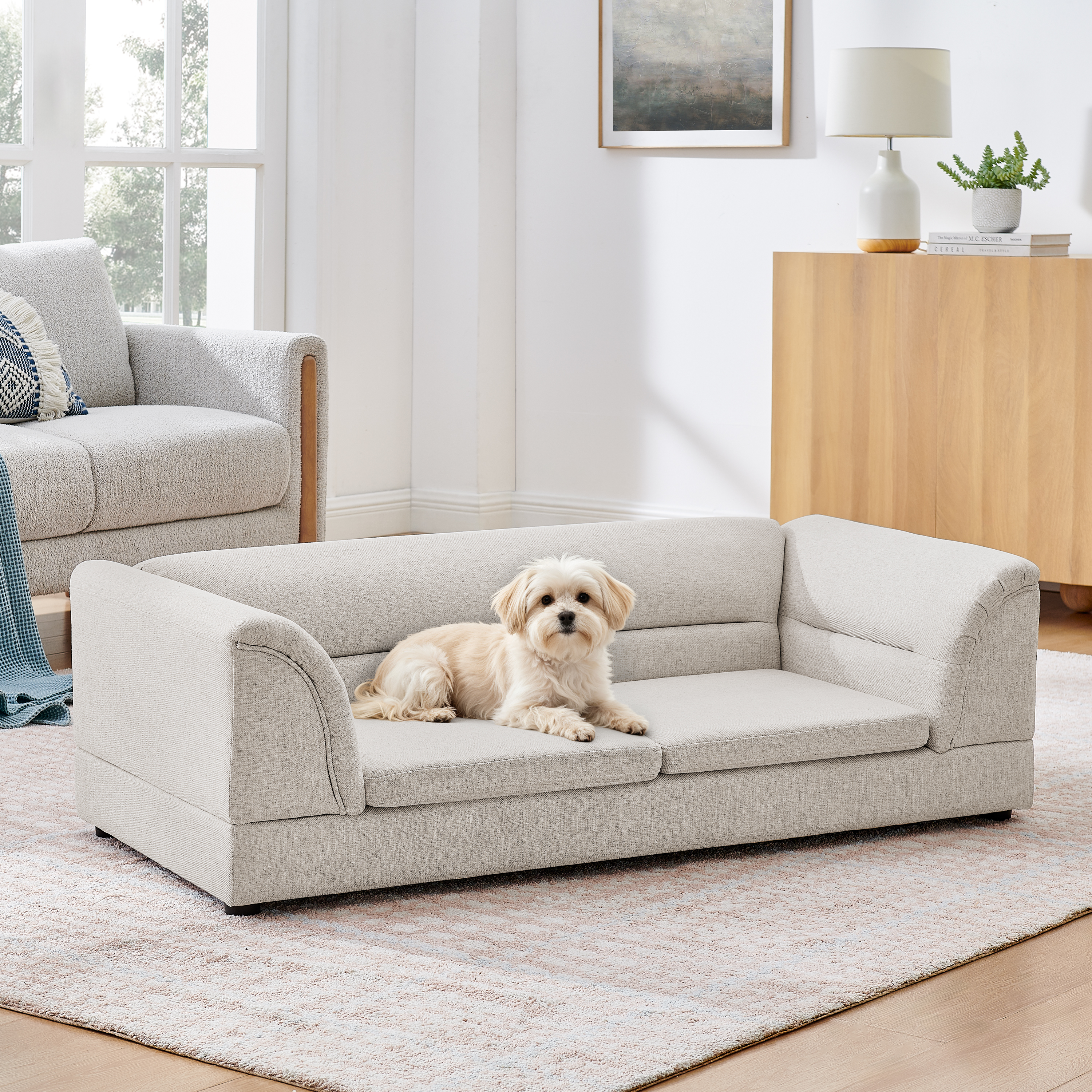 Silla de Comodidad para Mascotas Grande, Sofá Rectangular con Brazo Curvo en Tela de Lino para Perros Grandes - Beige — imagen 7