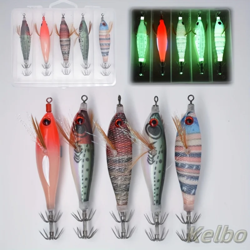 5pcs Glow-in-the-Dark Fishing Lures with 3D Eyes - Realistic Shrimp, Squid, Octopus - Hard Bait Jig Lures with Hooks, Non-Toxic — image 1