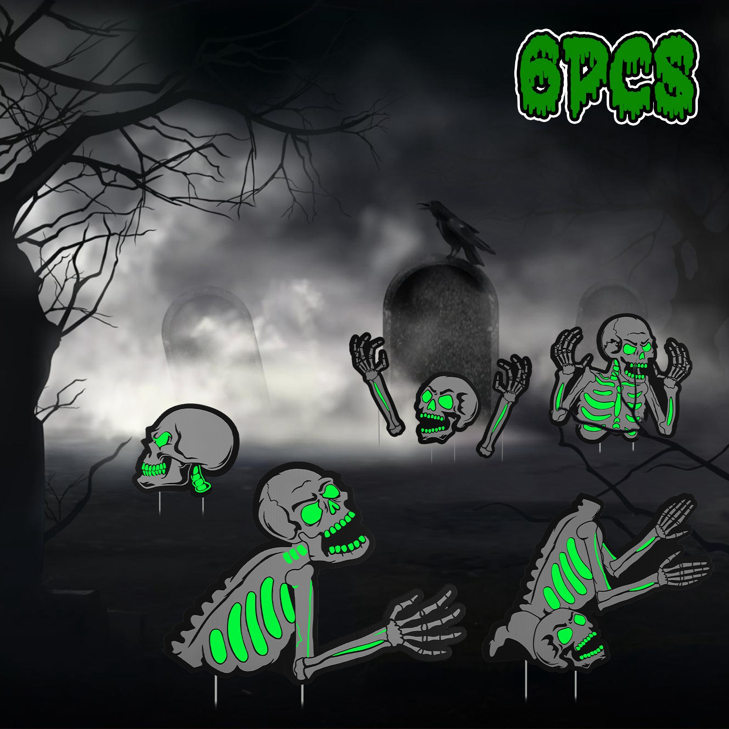 Decoraciones de Jardín para Halloween: 6 Calaveras, 6 Tumbas o 5 Gatos Negros, Brillan en la Oscuridad, para Casa Embrujada, Jardín, Patio y Fiestas de Temática Terrorífica — imagen 8
