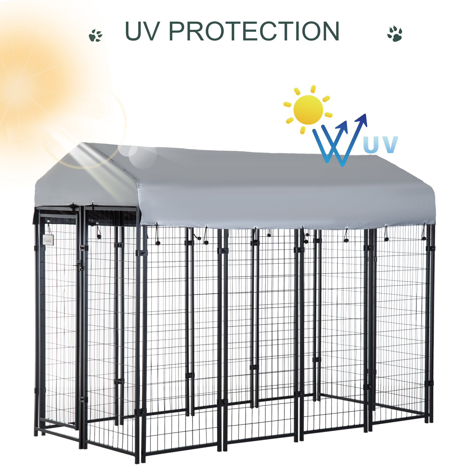 Casa de Perro al Aire Libre con Techo, 8 x 4 x 6 Caja de Juego para Perros Pesados de Acero Soldado Resistente a Escape con Cerrojo Seguro, Cubierta Resistentes a UV y Agua, para Perros Grandes, Plateado — imagen 8