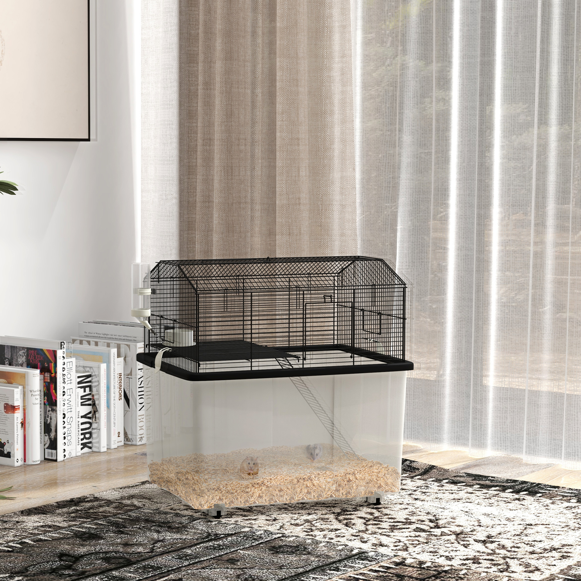 22" 2-Tier Hamster Cage With Extra-Deep 14" Base, Small Animal Cage With Ramp, Water Bottle, Food Dish, Wheels, Black — image 1