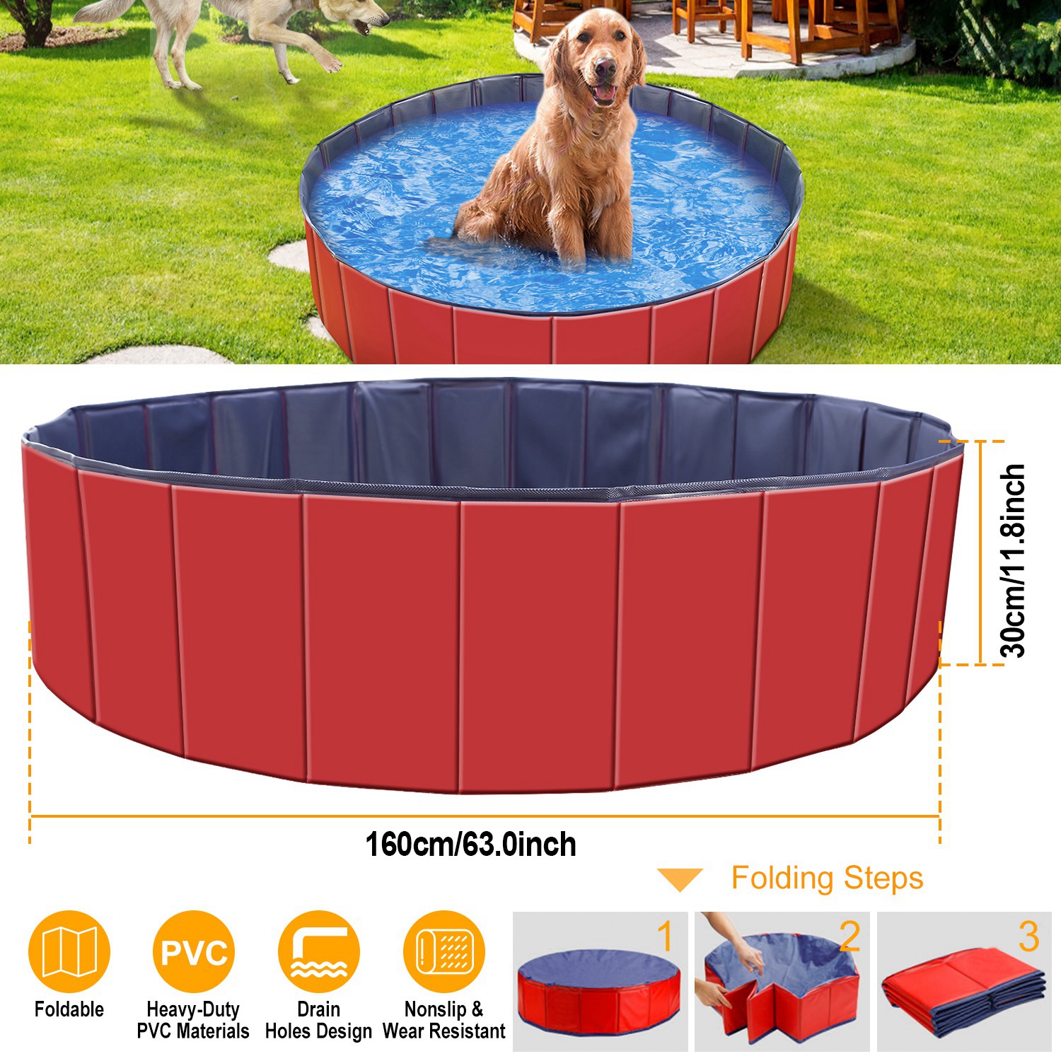Piscina de Natación Portátil para Mascotas 160x160x30cm - 63.0x63.0x11.8 pulgadas — imagen 3