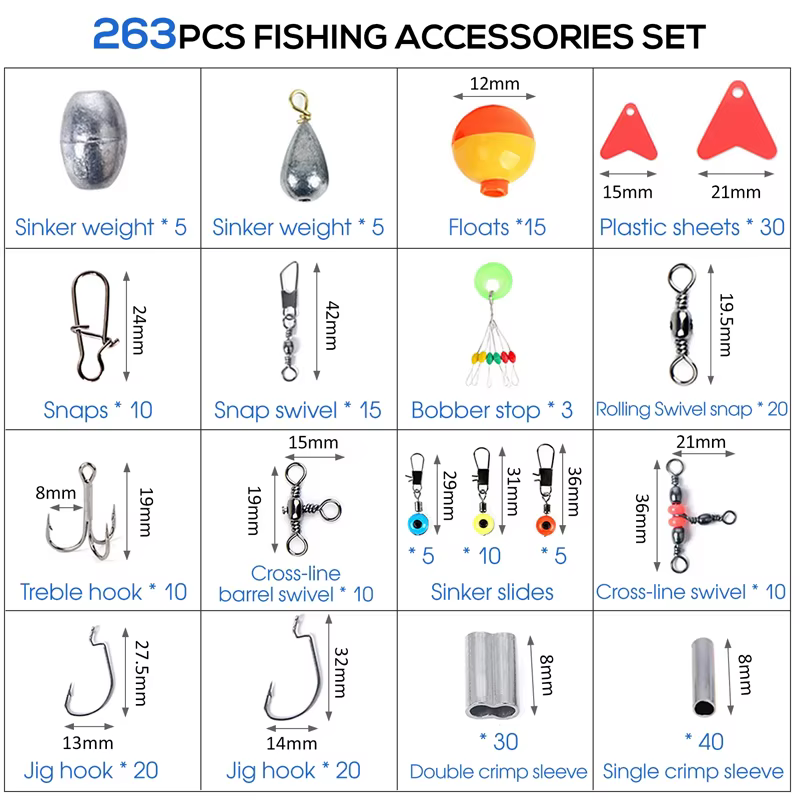 Set de 263 Piezas de Accesorios de Pesca al Aire Libre con Caja de Aparejos, Incluye Alicate, Anzuelos, Plomos, Giratorios y Broches — imagen 2