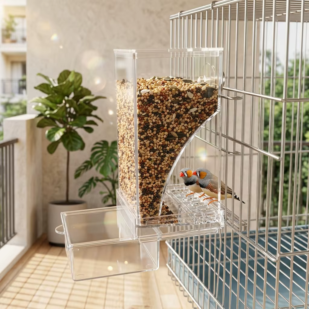 No Mess Automatic Bird Feeder Clear Acrylic Seed Dispenser Spill-Proof Parrot Feeder Cage Accessories for Budgies Parakeet Cockatiel Finch — image 8