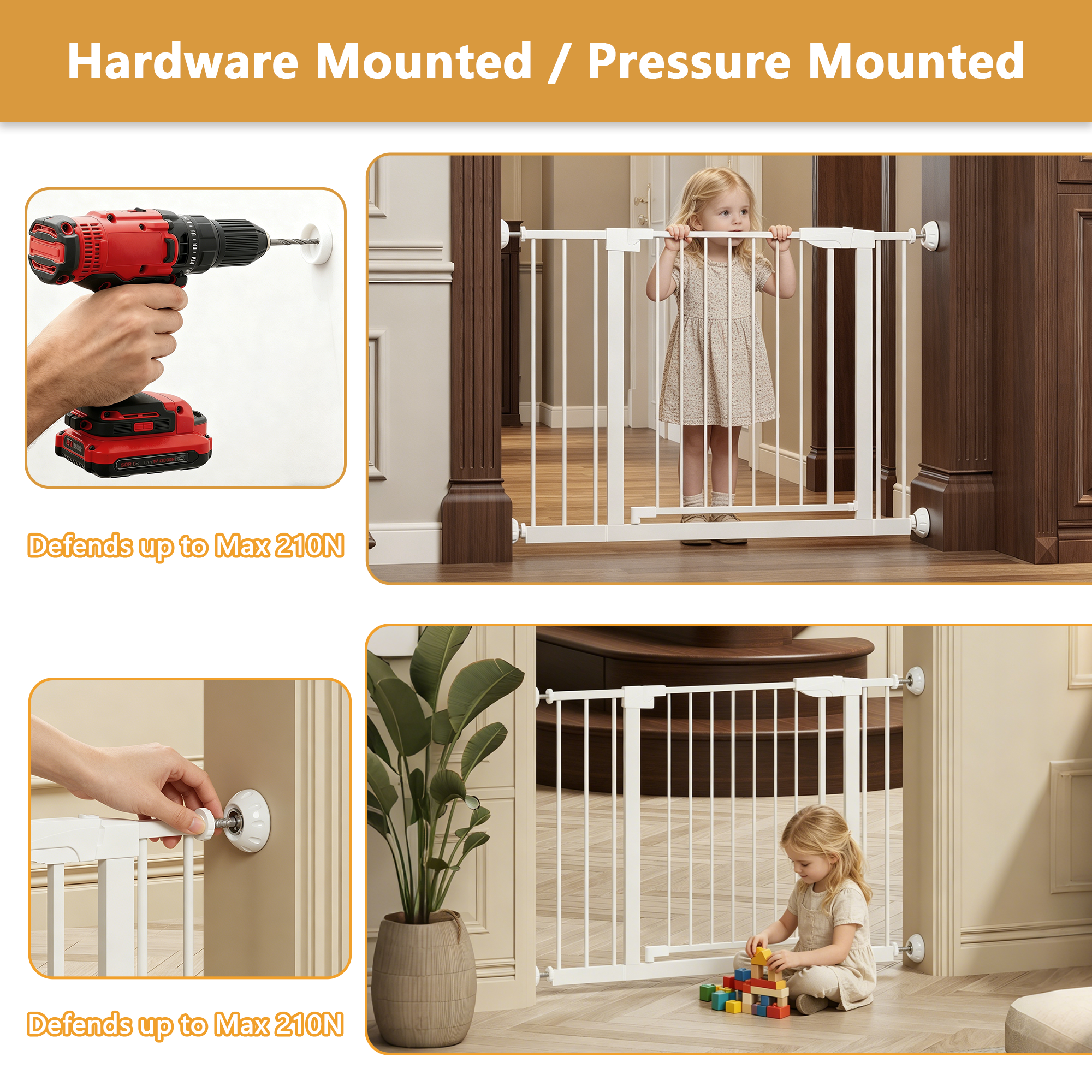 Reja para Bebés Ancha de 29.5-45.3" con Protector de Pared para Escaleras, Reja para Perros de Interior para Puertas, Sin Taladrar, Montaje a Presión, Rejas para Mascotas para Niños, Reja de Seguridad Fácil de Cruzar, Blanca — imagen 15