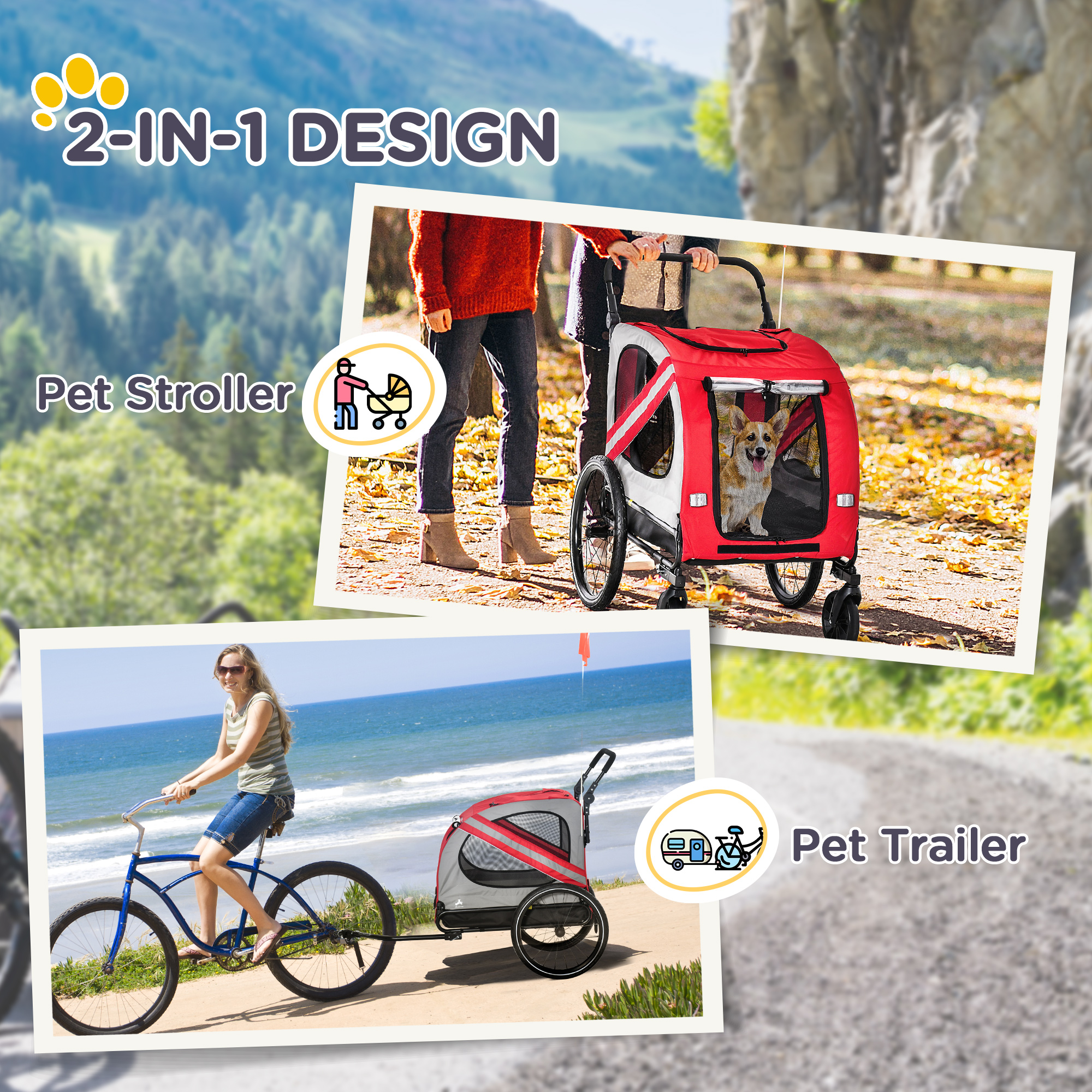 Remolque de Bicicleta 2 en 1 para Mascotas para Perros Pequeños y Medianos, Cochecito para Perros con Visibilidad Vial, Transportador para Bicicleta, Accesorio Lateral Resistente al Clima para Bicicleta, Rojo — imagen 2