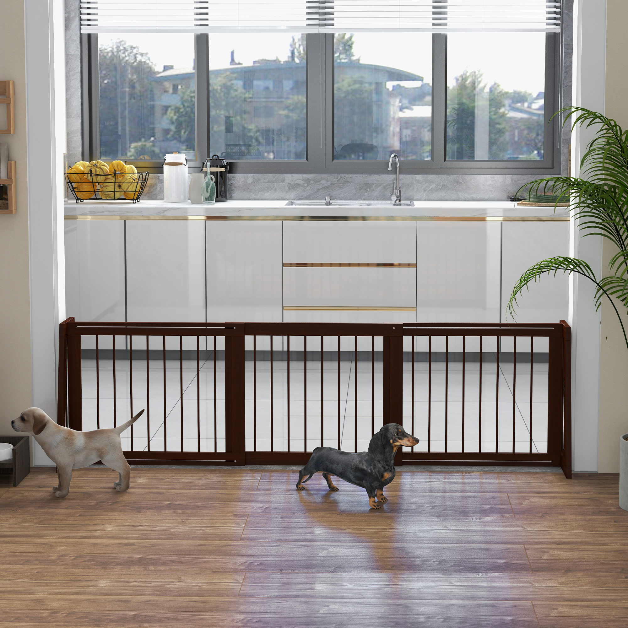 28"-75" Freestanding Wooden Pet Gate with Support Feet & Non-Slip Mats for Indoor, Stairway, Doorway, Brown — image 1
