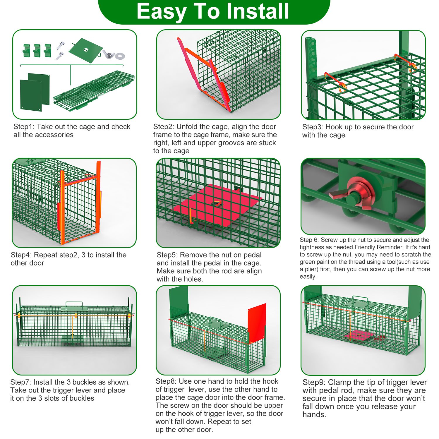 Jaula Trampa para Animales Vivos de 32 Pulgadas con 2 Puertas y Guante, Verde, para Animales de Menos de 12LBS, Fácil de Instalar, Trampa Humanitaria de Hierro Galvanizado para Conejos, Marmotas, Zorrillos, Zarigüeyas, Nutrias y Gatos Callejeros — imagen 7