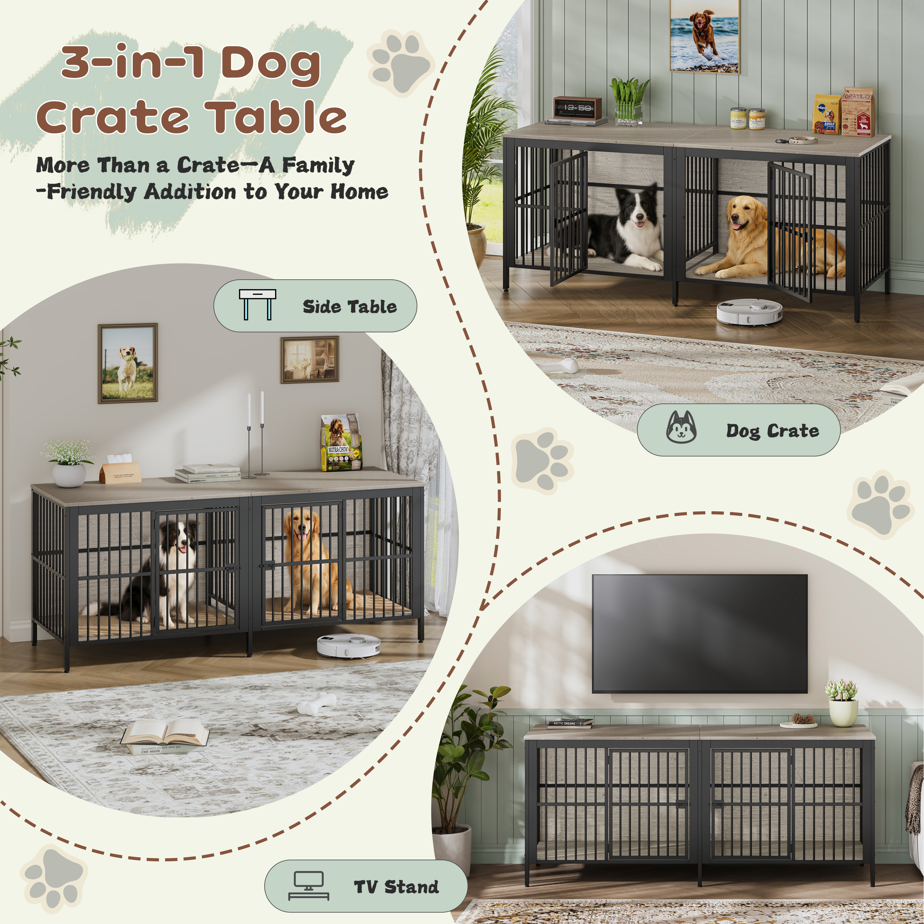 Mesa Auxiliar Jaula para Perros de 80", Kennel Resistente de 2 Puertas para Interior, Mueble Multifuncional para Perros como Mueble de TV o Mesa Auxiliar para Sala, Perros Grandes y Medianos, Gris — imagen 2