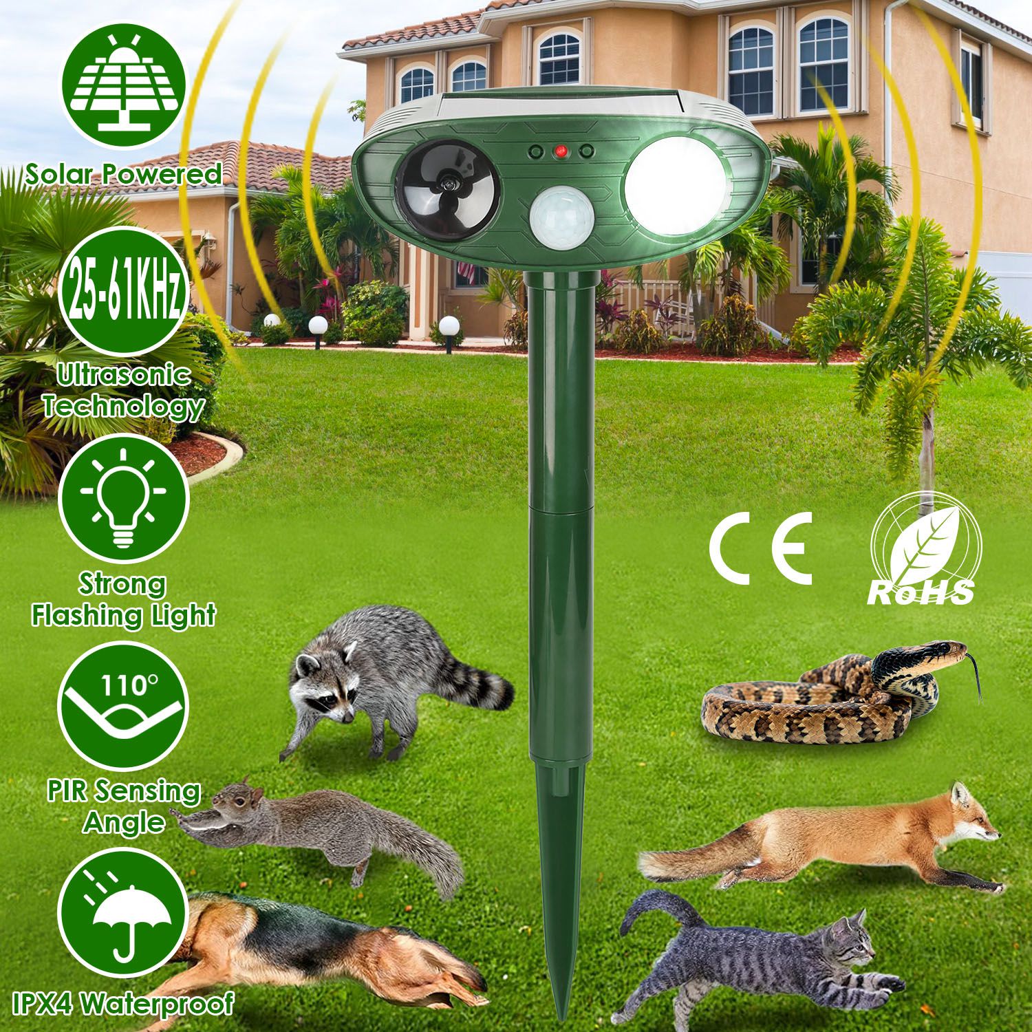 Repelente de Animales Solar con Sensor PIR y Luz Parpadeante IPX4 Resistente a Agua para Perros, Gatos, Serpientes, Conejos, Ardillas, Ratas, Mapaches, Liebres, Zorros y Cérvidos — imagen 1