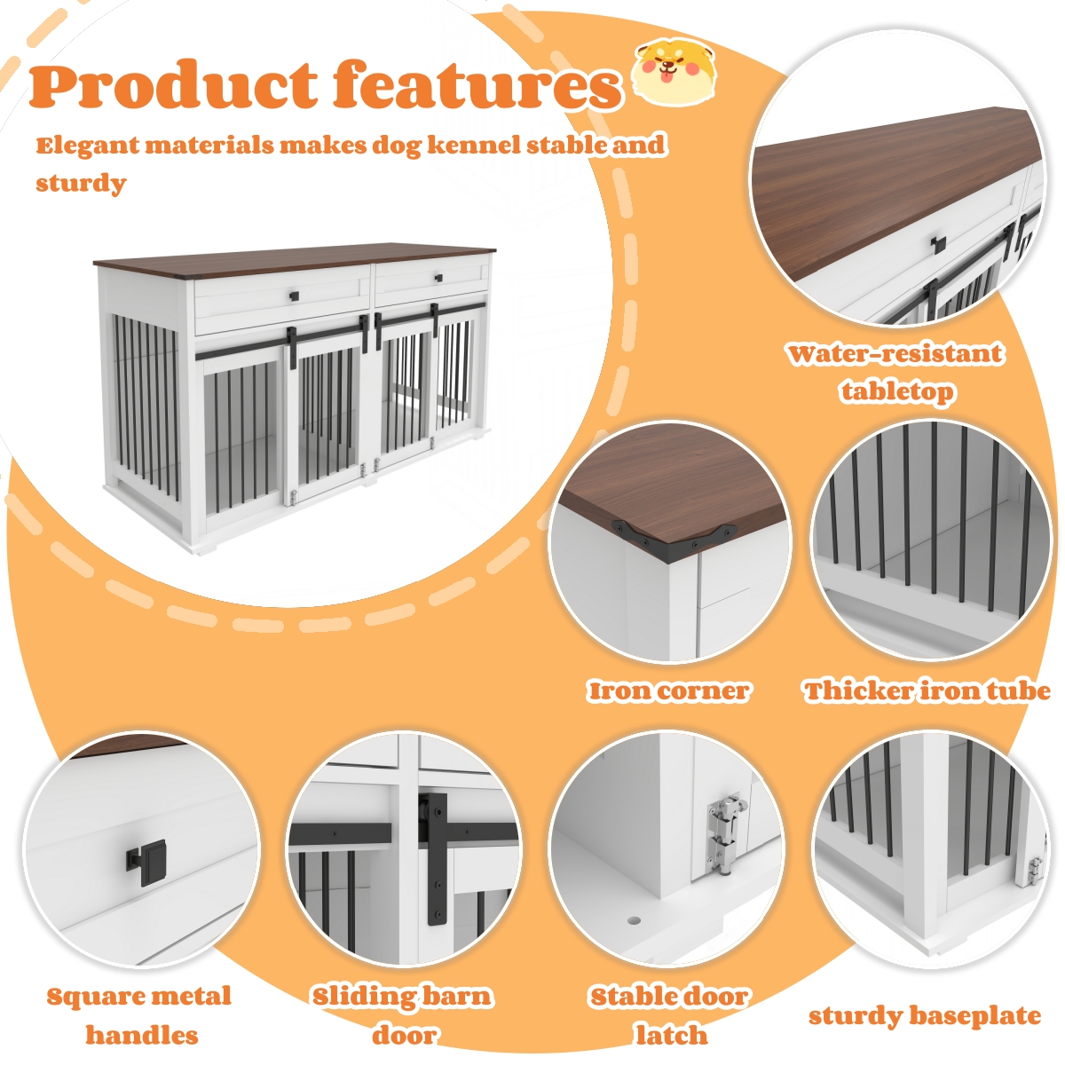 63'' Large Dog Crate Furniture For Double Dog, Wooden Dog Kennel With 2 Drawers, Divider And Sliding Door, Water Resistant Indoor Pets Furniture Style Double Dog Crates — image 3