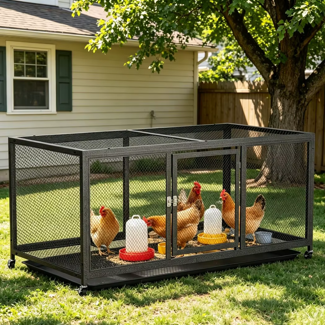 Caja de Gallinas Metálica de Alto Rendimiento con Cubierta Impermeable y Ruedas — imagen 3