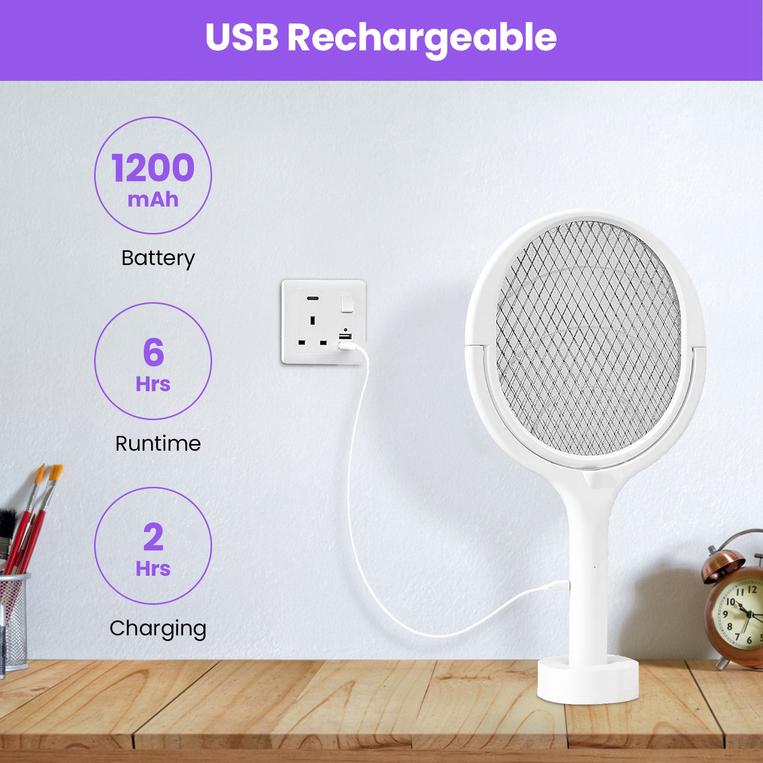 Raqueta Matamoscas Eléctrica 3 en 1 con Cabezal Giratorio de 90 Grados, Mata Mosquitos de Mano para Interior y Exterior con Vara de Extensión Telescópica — imagen 4