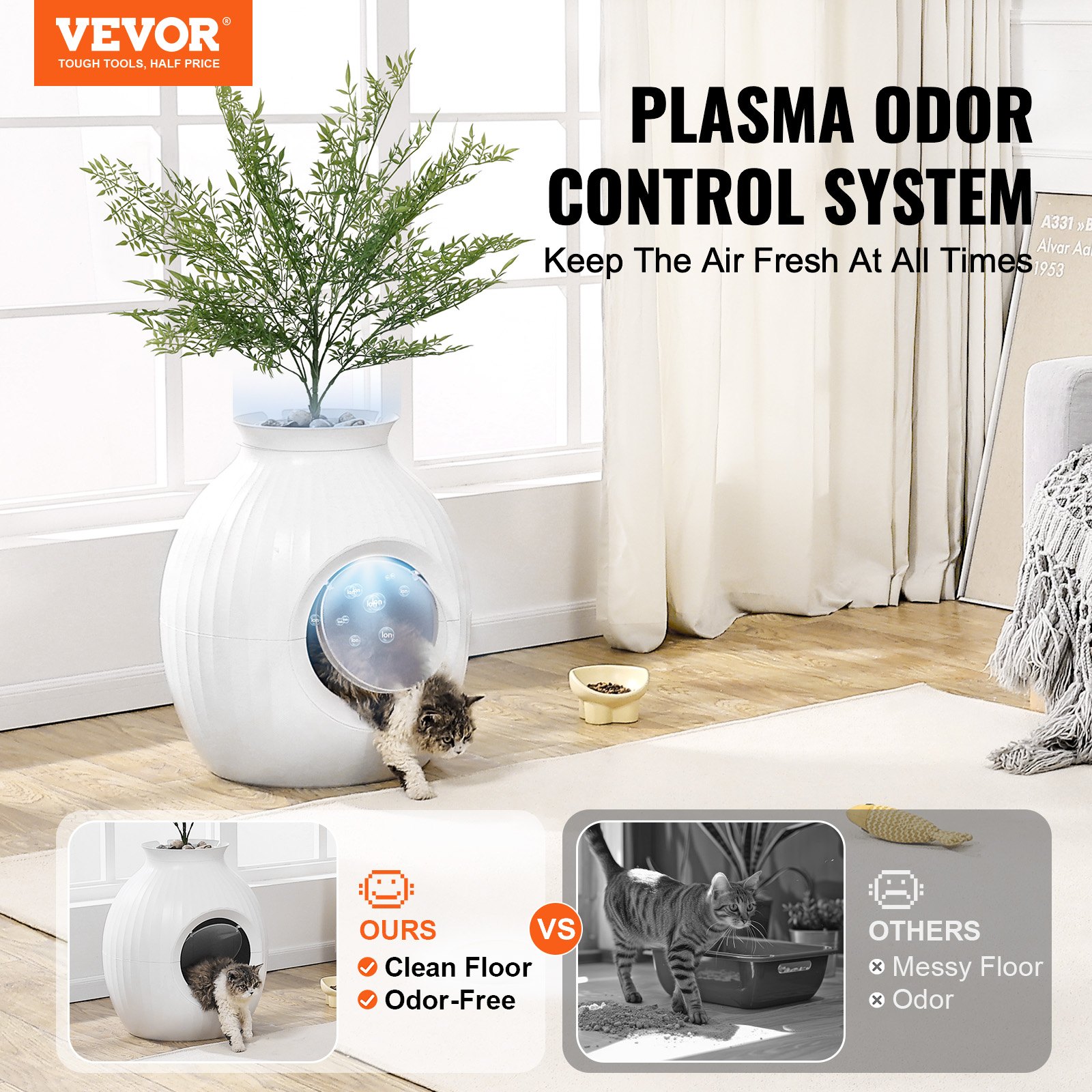 Caja de Limpieza para Gatos en Planta, Sistema Inteligente de Control de Olor, Caja Oculta con Entrada Grande de 9.48 Pulgadas, Iluminación y Decoración, Hecha de ABS Resistente — imagen 5