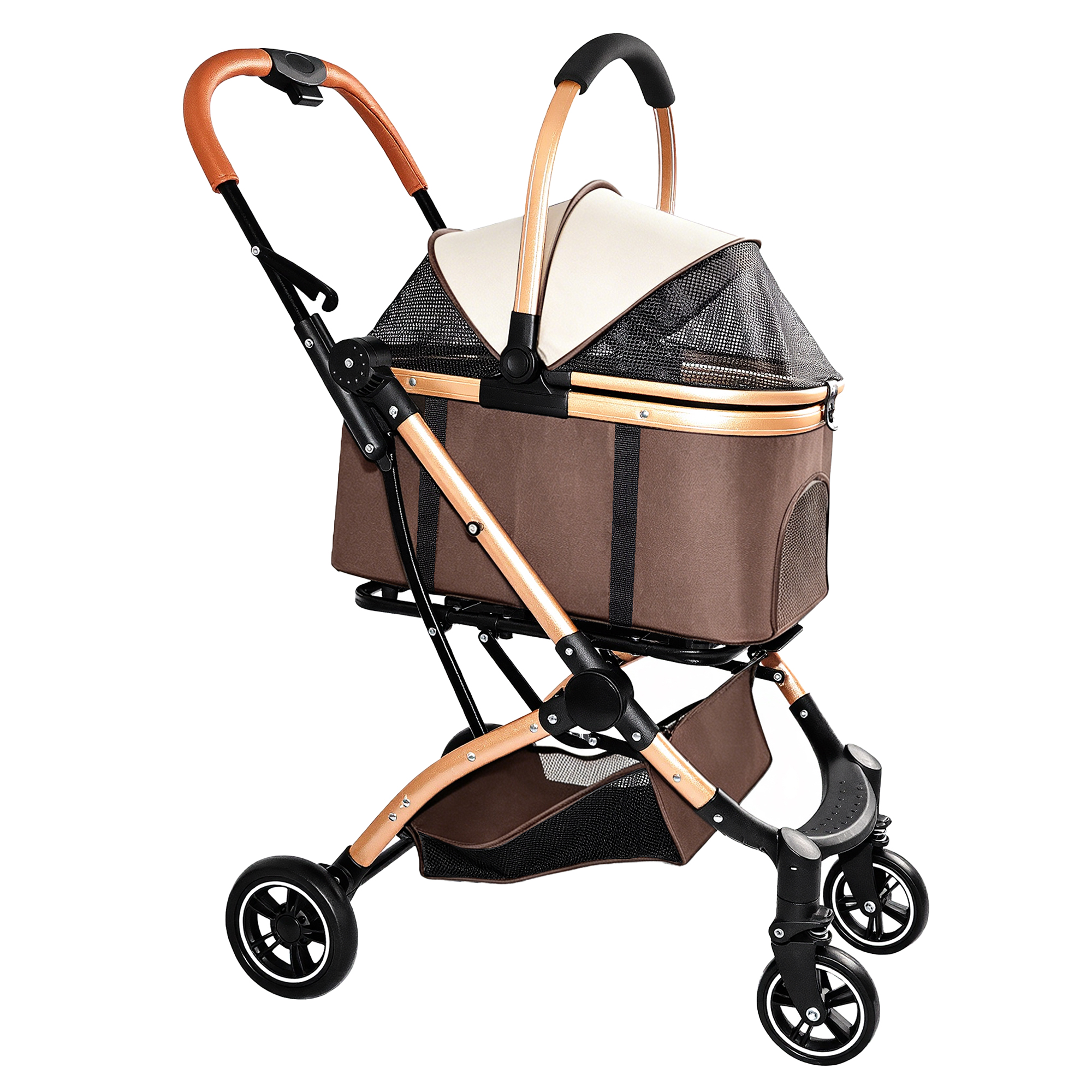 Muleta para Mascotas 2 en 1: Carruaje de 4 Ruedas Reversible con Canasta de Almacenamiento y Sombrilla Solar (Khaki + Oro) — imagen 13