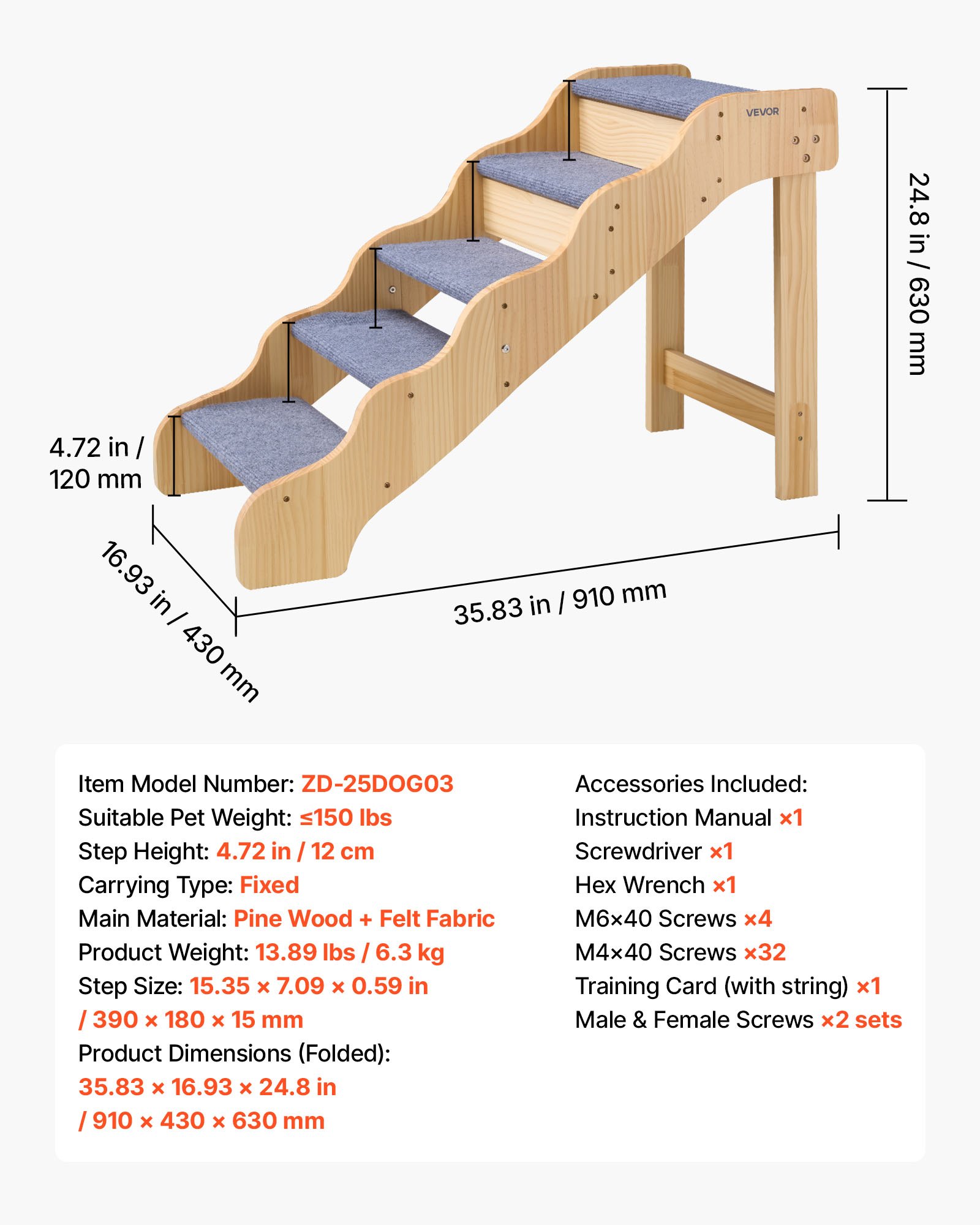 Escaleras de Madera para Mascotas, 5 Pasos para Camas Altas, Sofás y Coches, Capacidad de Carga 150lbs, Superficie Antideslizante, Escalera Segura para Gatos y Perros Pequeños, Medianos y Grandes — imagen 1