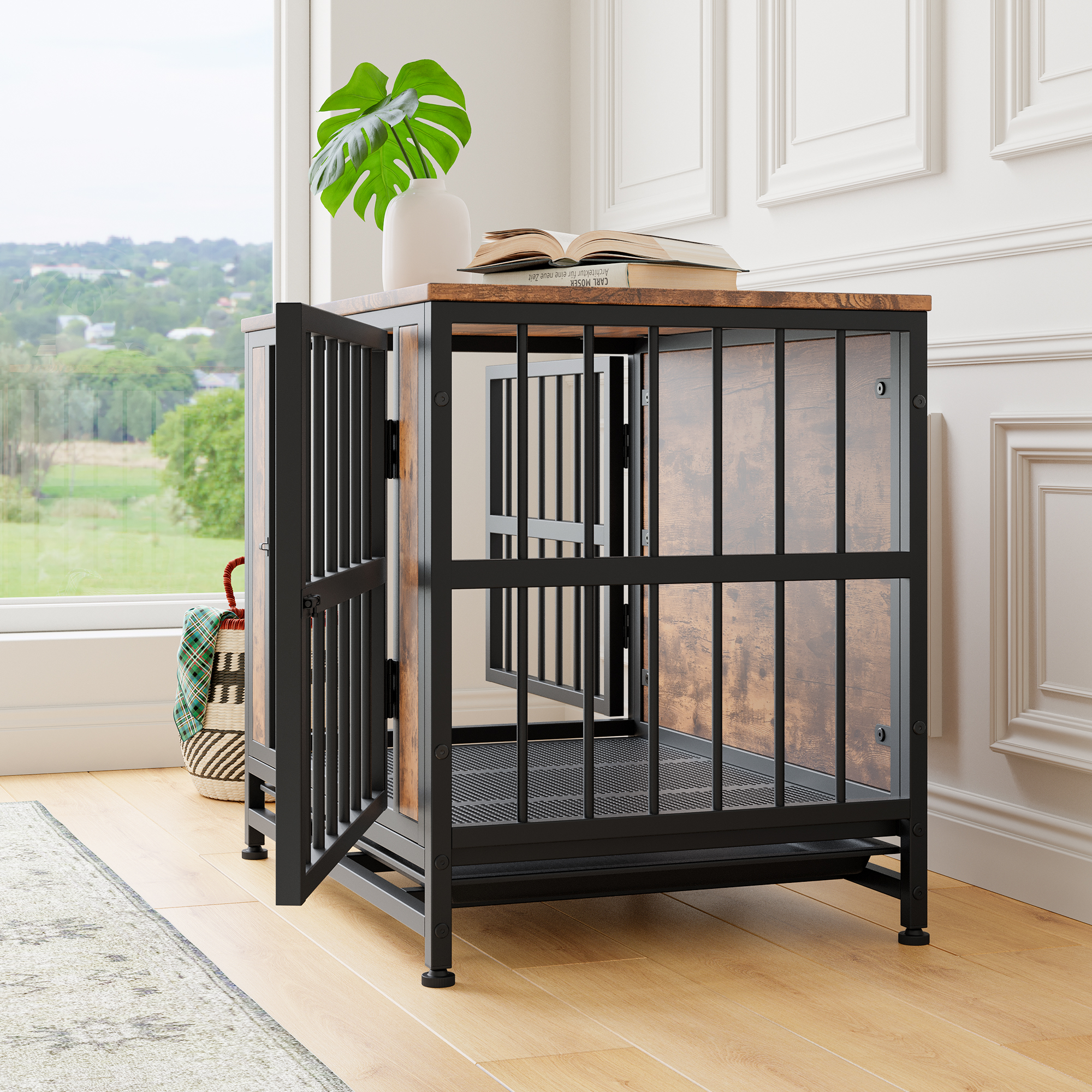 Mueble para Perro, Caja de Madera para Perros con 2 Puertas Deslizantes y Estructura de Puerta de Hierro Espesa, Casa Decorativa para Pequeños Perros para Uso Interior (Marrón Rustico) — imagen 6