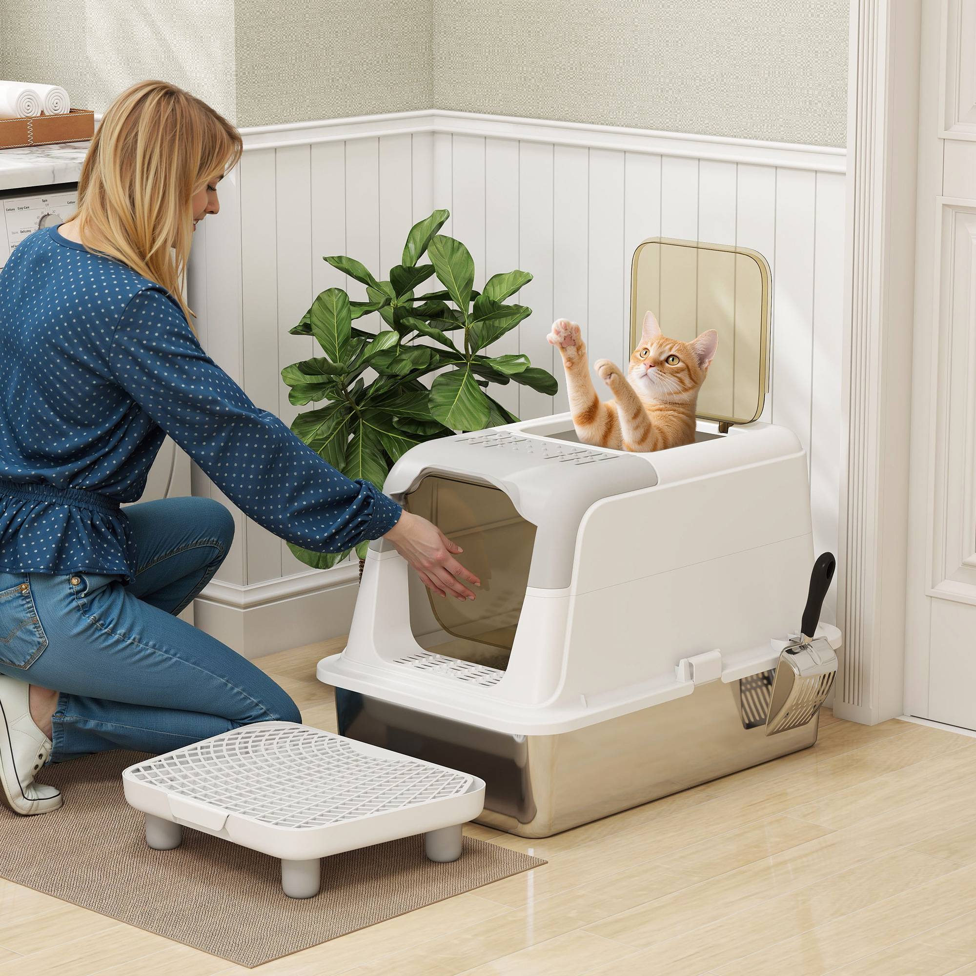 Extra Large Stainless Steel Litter Box, Enclosed Cat Litter Box with Scoop, Deodorizer Bag, Sand Drop Pedal — image 8
