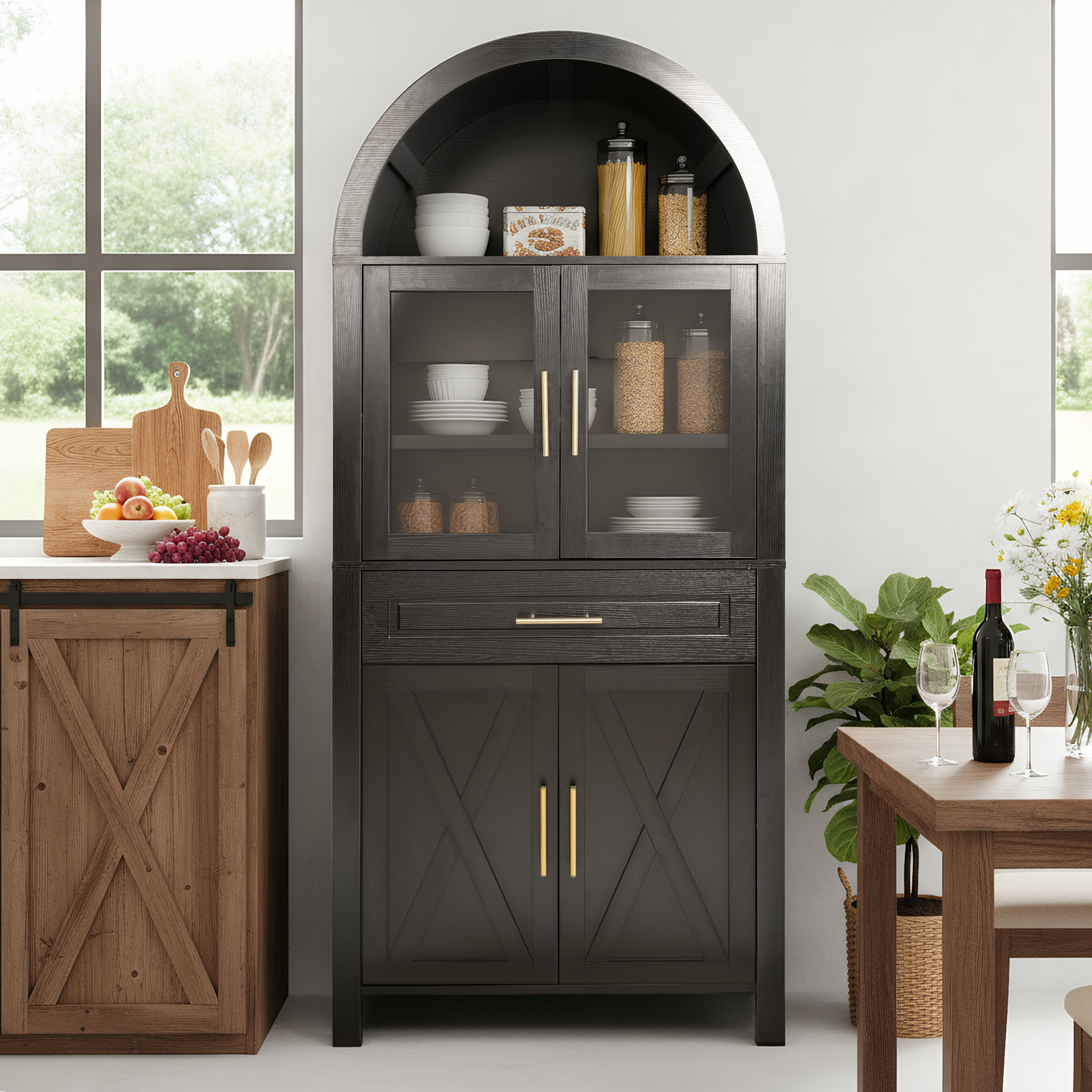 Cajón de Almacenamiento de Cocina con Puerta de Vidrio y Diseño de Estilo Rural de 71" de Alto, con Estanterías Ajustables y Acceso por Puerta de Granja para Salón, Comedor y Cocina, Negro — imagen 1