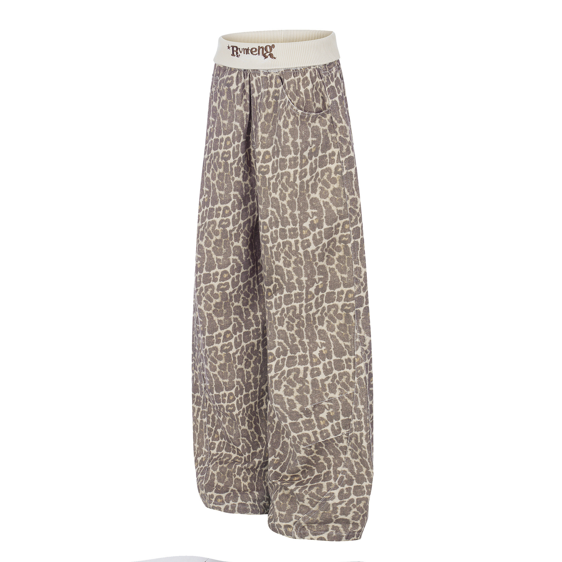 Leopard Print Sweatpants with Contrast Letter Embroidery Elastic Waist Loose Wide Leg Floor-Length Casual Pants — image 3