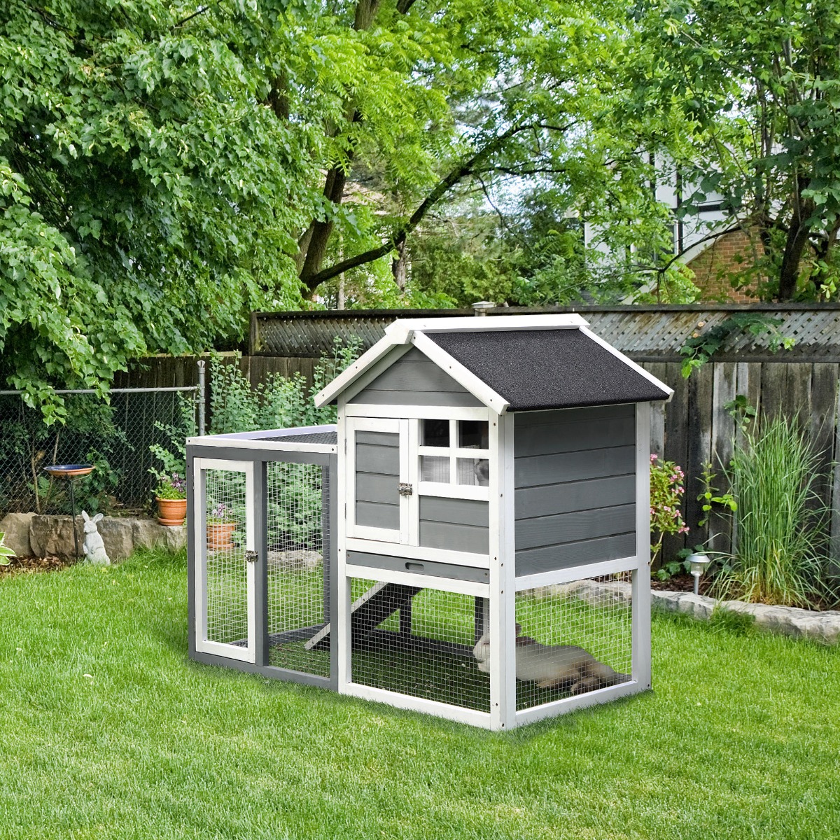 Caja para Conejos Interior, 48" Caja de Madera Resistente al Tiempo con Techo Asfáltico Inclinado y Corral Exterior Divertido para Conejos y Hurones - Gris — imagen 8