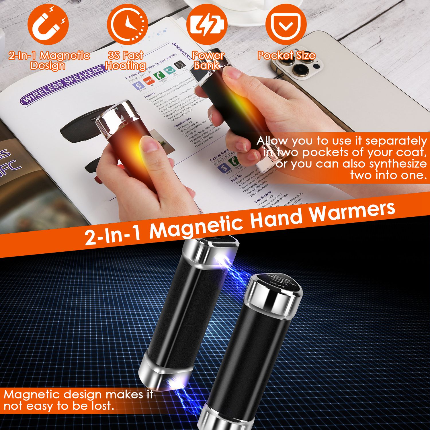 Paquete de 2 Calentadores de Manos Magnéticos Divisibles 2 en 1, Calentador Eléctrico de Bolsillo Portátil y Power Bank Con 3 Niveles de Calor, Para Camping, Caza, Pesca y Esquí — imagen 3