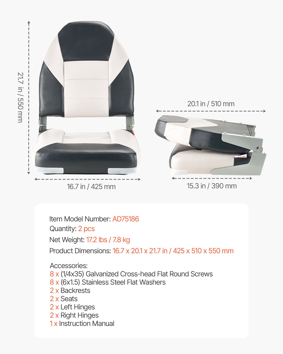 Boat Seat, High Backrest, Folding Fishing Boat Seat With Thickened Sponge Cushion & Waterproof PVC Leather, Aluminum Alloy Hinges, Flip Up Boat Seat For Boats, Yachts, Ships, Black & Grey — imagen 1
