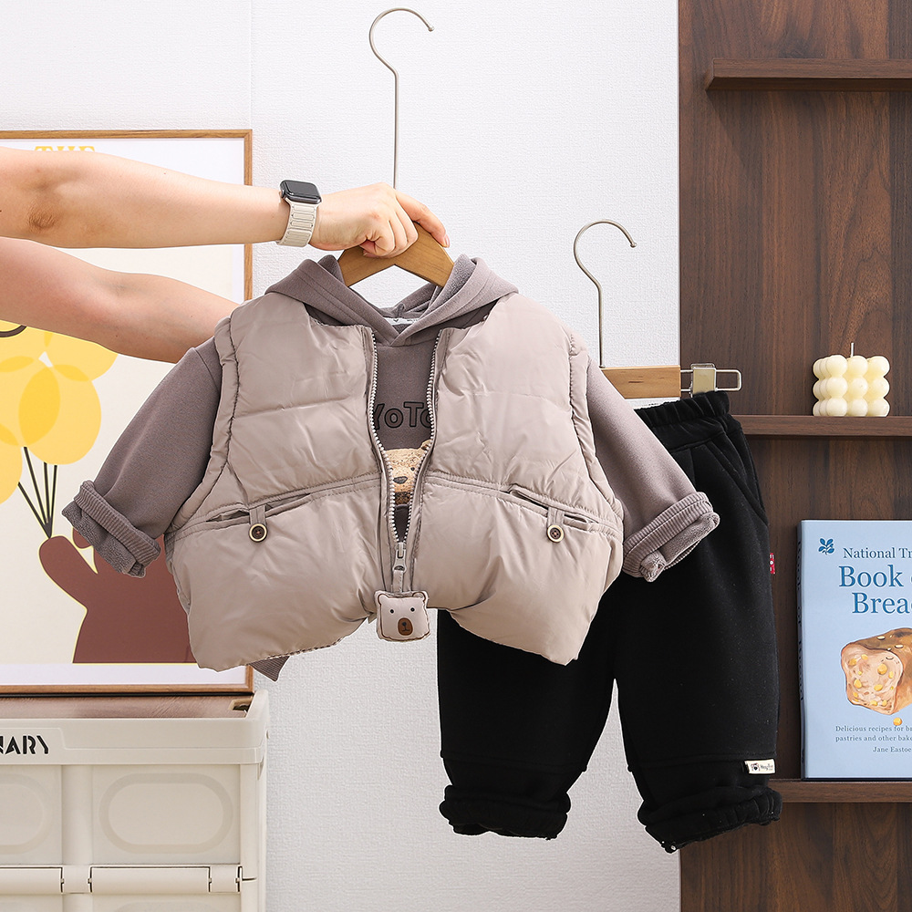 Boys Autumn Winter Fleece-Lined Vest Set, Thickened Bear Pendant Three-Piece Kids Outwear — image 4