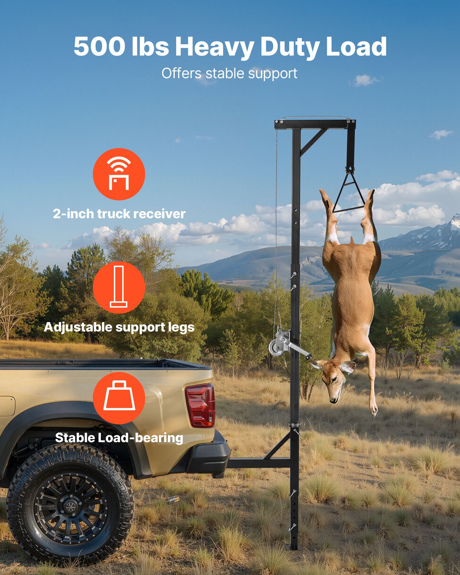 Truck Hitch Game Hoist, 500 Lbs Load Capacity, Hunting Deer Hoist With 2-inch Receiver, 360-Degree Swivel Shaft & Adjustable Height, Includes Gambrel Winch For Skinning & Cleaning Game — imagen 5