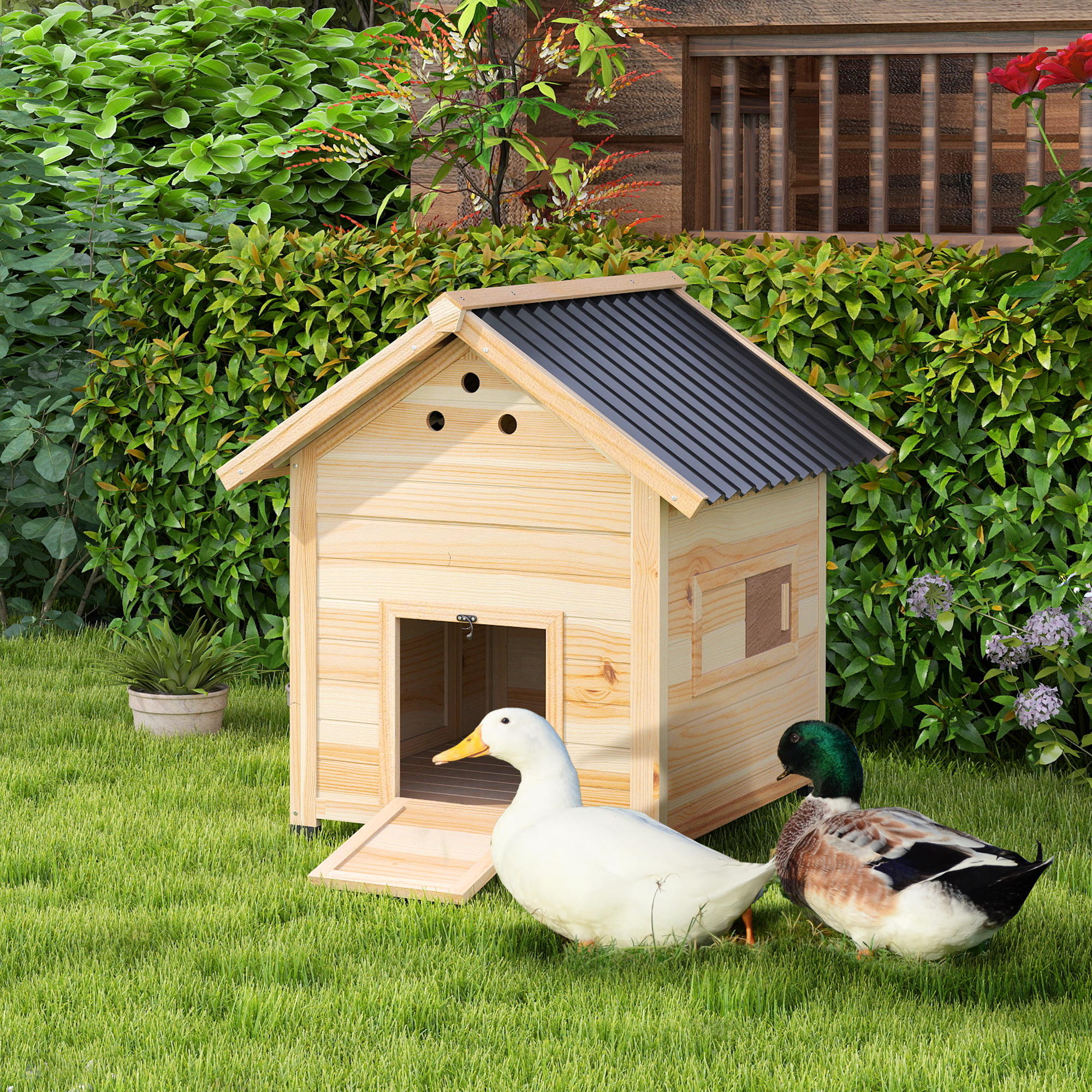 Casa para Pato, Caja de Madera con Techo Abordable y Puertas Dobles, Madera Natural — imagen 1