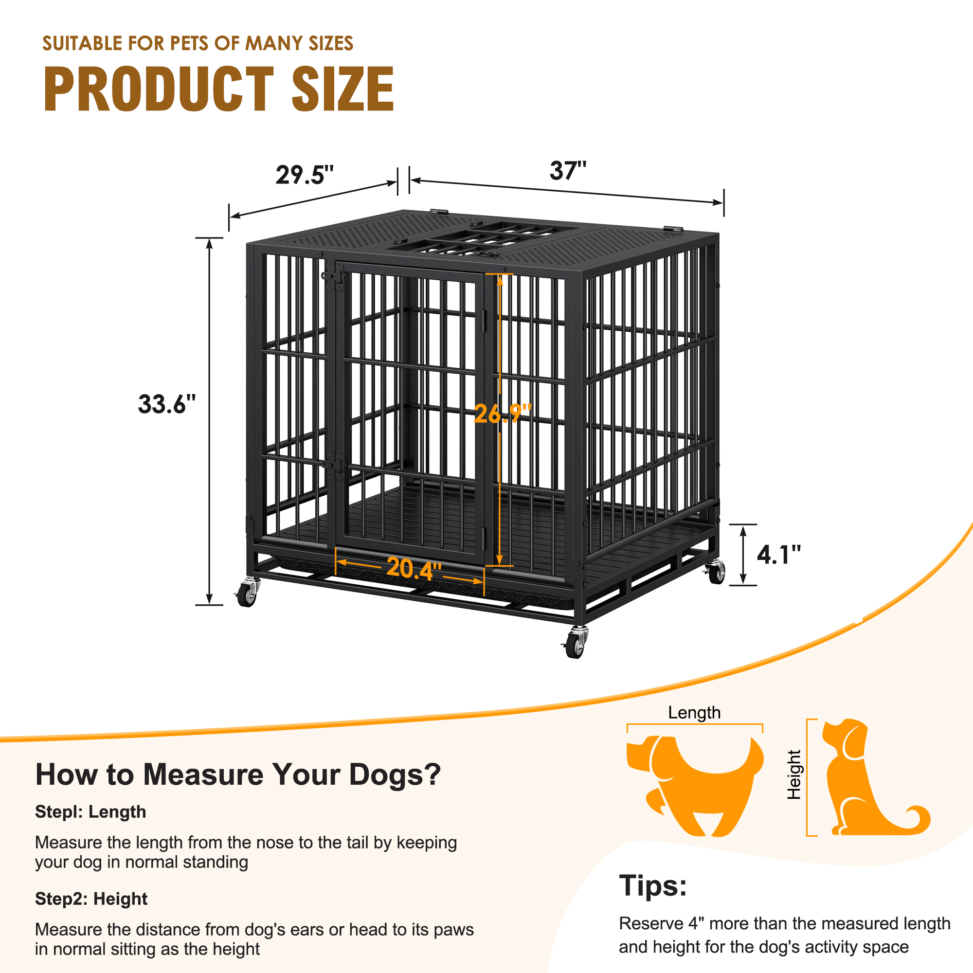 Heavy Duty Dog Crate, Mobile Pet Kennel with Lockable Wheels & Rotary Twist-Latch, Indoor Outdoor Metal Cage with Perforated Top — image 14