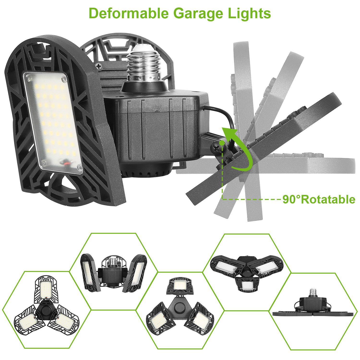 LED Garage Light E26 E27 80W 7000LM 6500K Garage Ceiling Light Deformable Workshop Lamp Die Cast Aluminum LED Ceiling Light Bulbs With 3 Adjustable Panels For Barn Shop Warehouse Workshop C — image 7