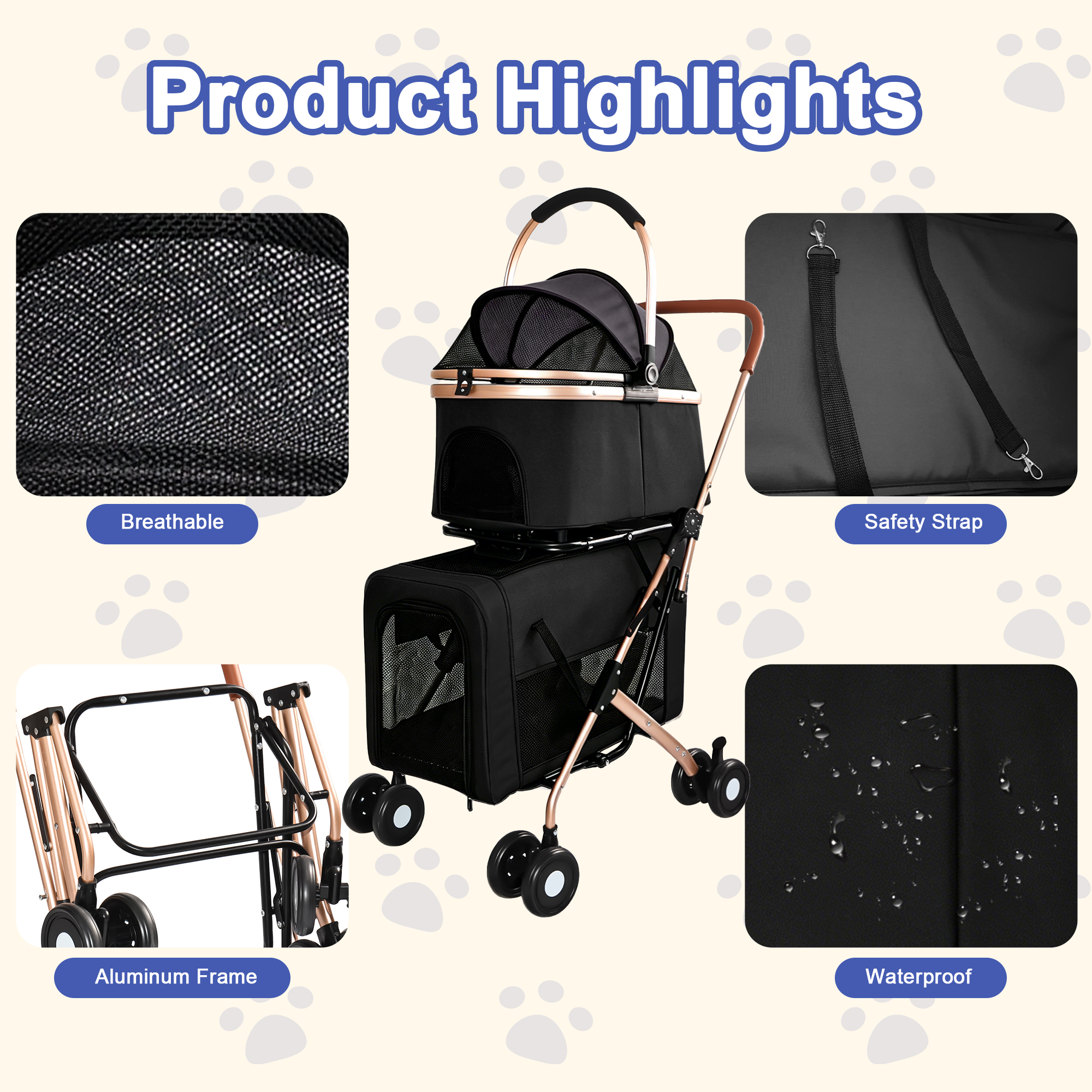 Cochecito Doble para Mascotas 3 en 1 para Perros y Gatos Pequeños y Medianos, Marco Plegable Convertible en Bolso Transportador, Ruedas Antichoque con Sistema de Freno, Doble Correa de Seguridad Fija para Hogares con Varias Mascotas — imagen 15