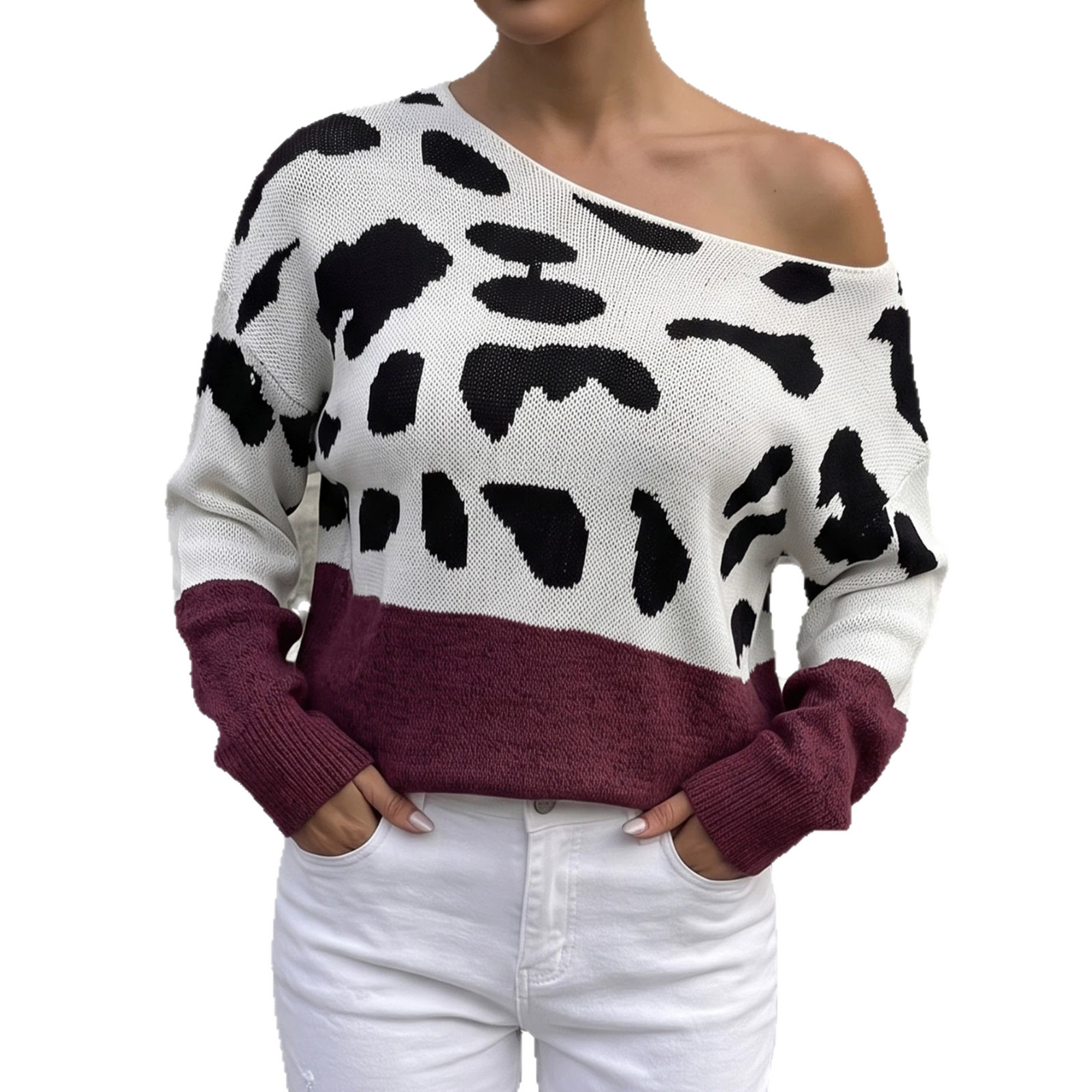 Lady's Pullover Knit Sweater Leopard Print Drop Shoulder Off-Shoulder Neckline — image 1