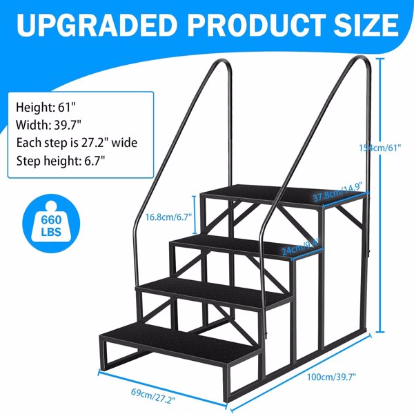 Escalera de Pasos para Caravanas, 4 Peldaños con Barra Manual, Escaleras Seguras para Jacuzzis y Piscinas Exteriores, Móvil para Hogar en Ruedas, 660 lbs Capacidad para Estantería Exterior — imagen 3