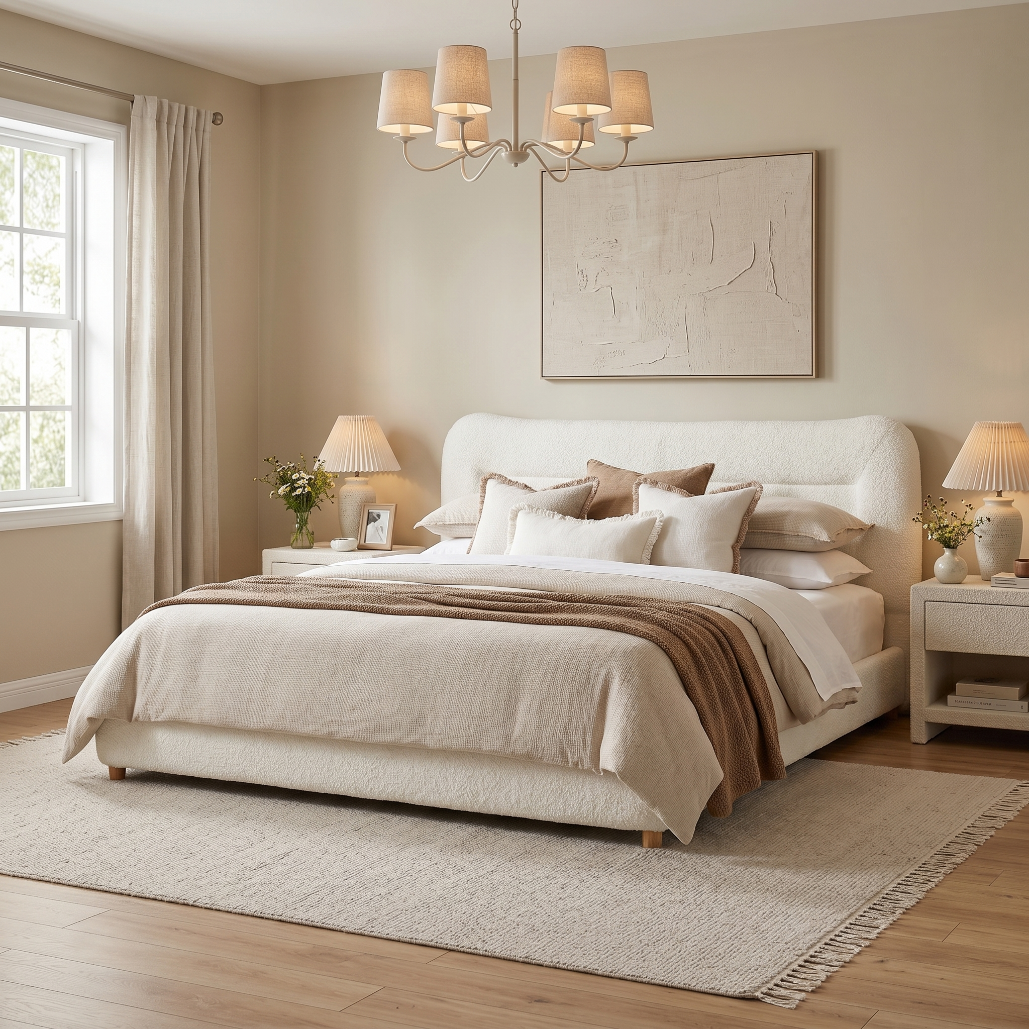 Cabezal de Cama Curvo Minimalista con Oso de Peluche, Reina, Crema — imagen 4