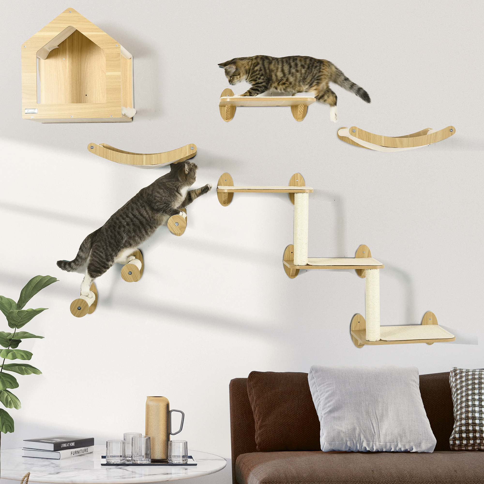 Set de 8 Piezas de Repisas de Pared para Gatos, Estantes Trepadores de Pared con Cojín, Casita, Postes Rascadores y Hamaca, Roble — imagen 1