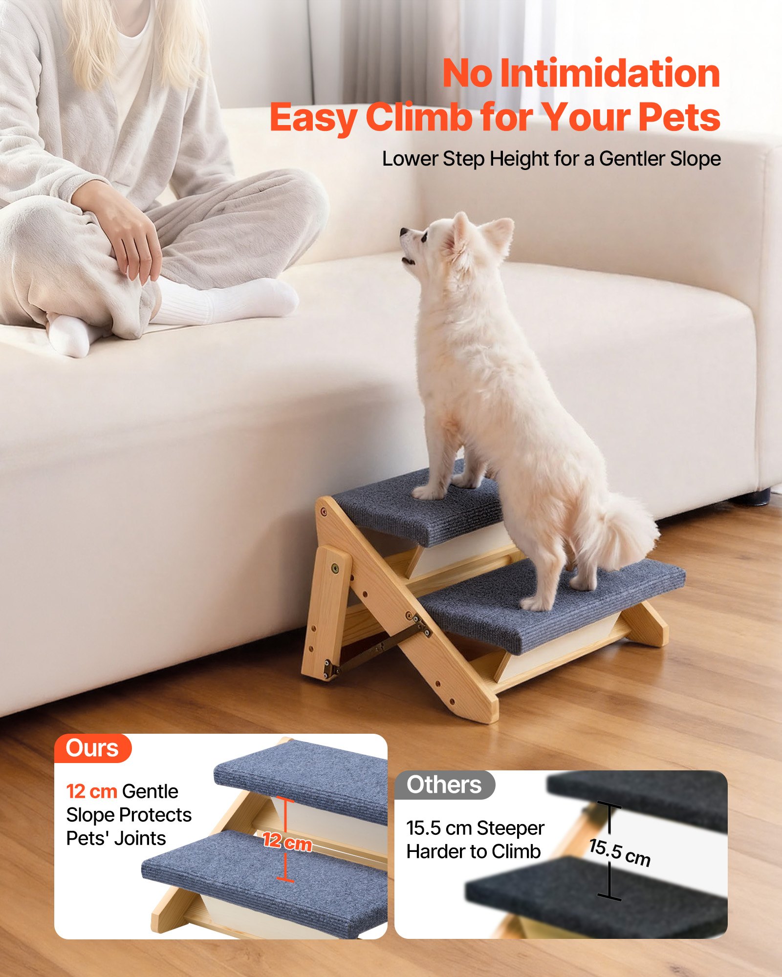 Escaleras de Madera para Mascotas 2 Pasos, Soporte Seguro para Cama, Sofá y Coche, Capacidad 110lbs, Diseño Plio Plegable, Estables y Rígidas para Perros y Gatos Pequeños Grandes Ancianos — imagen 2