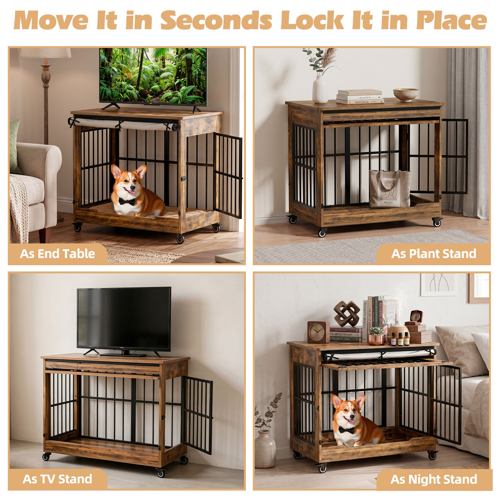 Dog Crate Furniture, Double Door Wooden Indoor Dog Kennel Furniture, Decorative Pet Cage End Table With Wheels For Medium And Small Breed Dogs, Size M, Greige — image 9