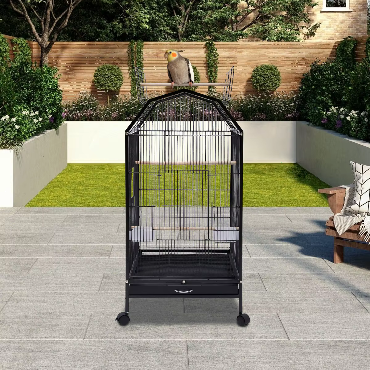 Caja para loros, granja de pájaros con estructura metálica resistente, visión total de 360°, anti-rusto y no tóxico, amplio 46x46x101.5 cm para amorí, canario — imagen 3