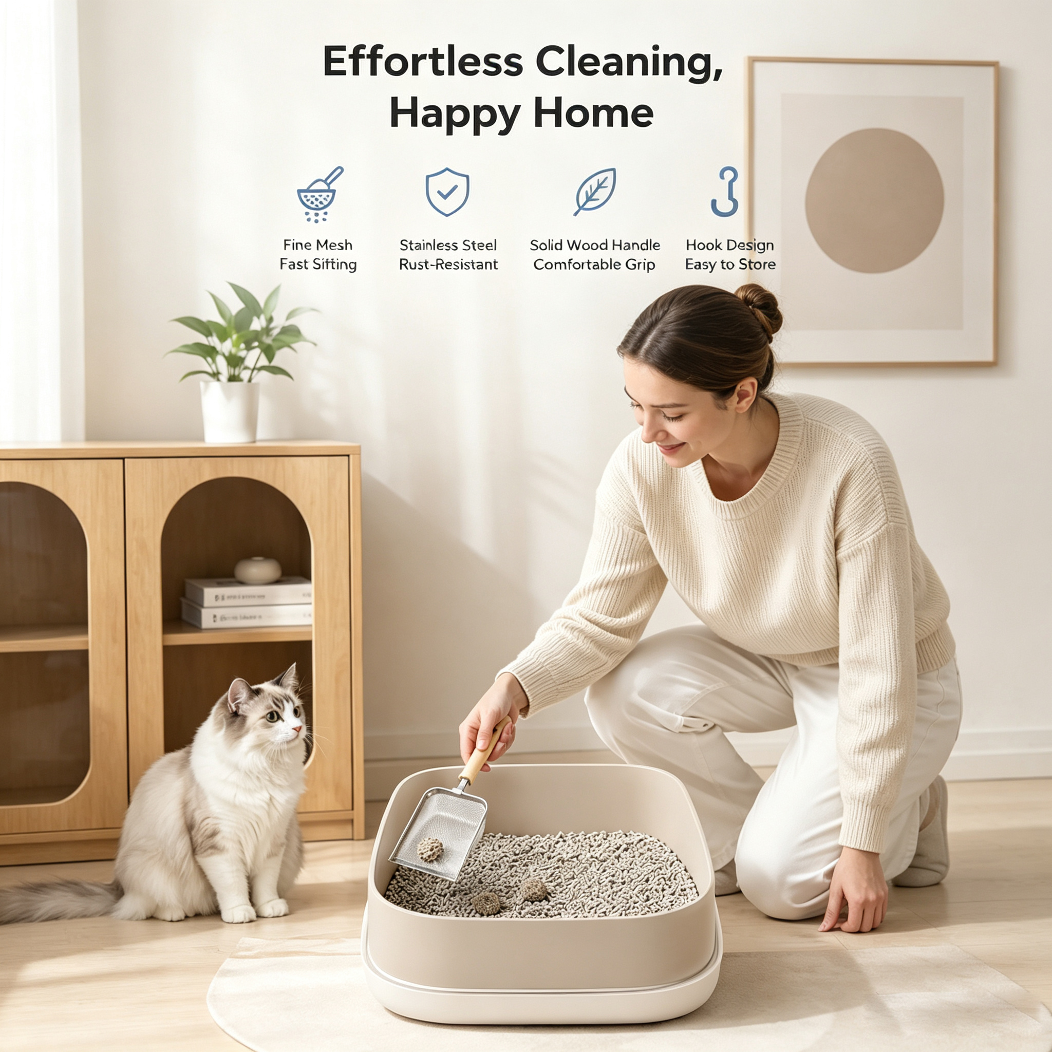 Scoopa de Limpieza para Gatos en Acero Inoxidable con Cernidor de Malla Finamente Tejida, Pala de Litter Durable con Manija Ergonómica de Madera, Herramienta de Limpieza Pesada para Gatos para una Limpieza Fácil — imagen 5