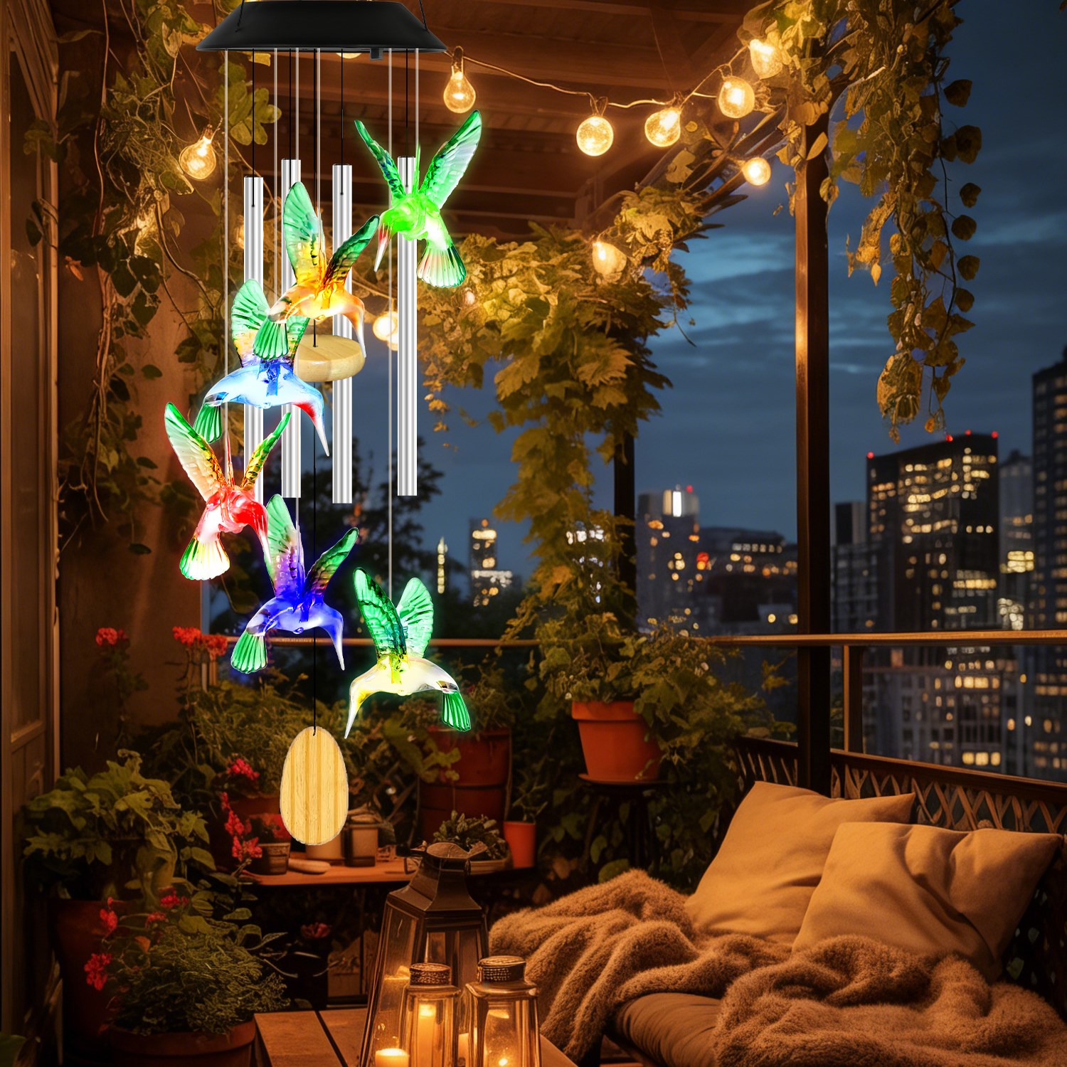 Solar Hummingbird Wind Chime With Aluminum Tubes 7 Color Changing Wind Chime For Outside IPX4 Waterproof Outdoor Garden Yard Decor — image 2