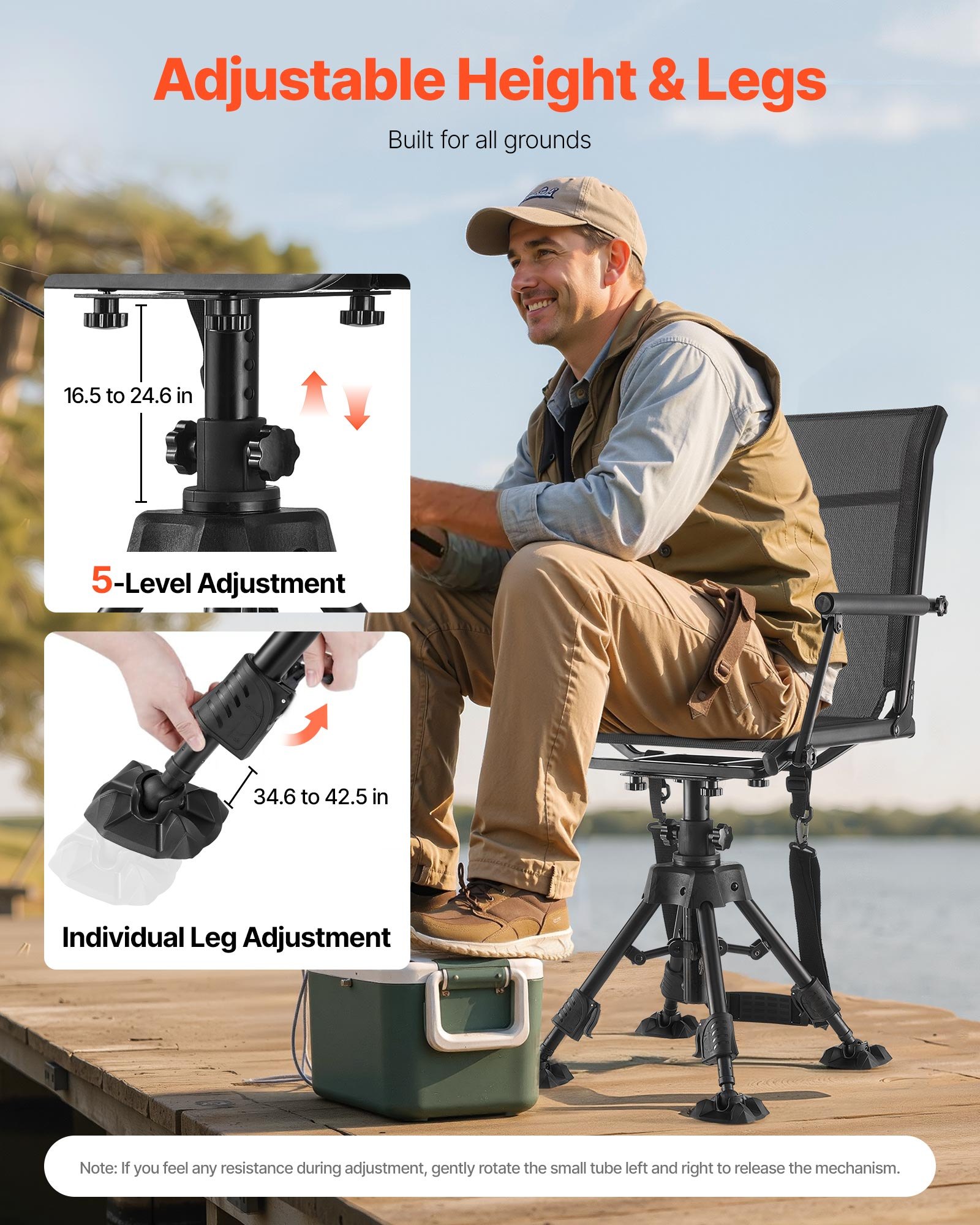 Silla de Caza Silenciosa 360°, Asiento Portátil Plegable con Cadena de Protección, Estructura de Acero Pesada para Terreno, Con Accesorios de Brazo y Talones Antideslizantes, Capacidad de 158 kg para Pesca y Camping — imagen 5