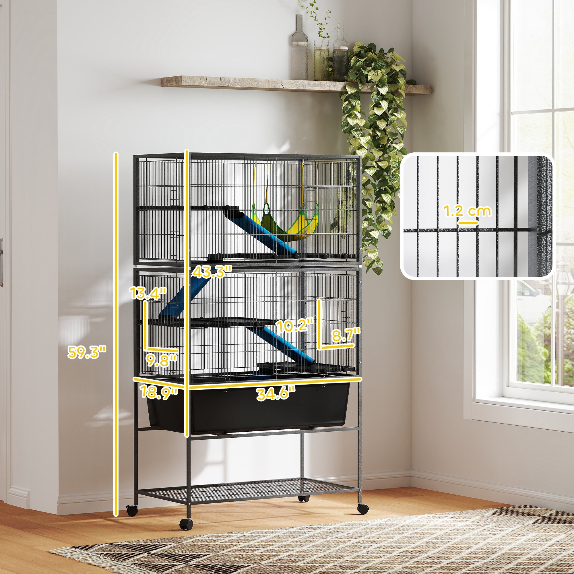 59" 5-Level Small Animal Cage, Rolling Ferret Cage With 6.3" Deep Tray, Non-Slip Cloth Covered Ramps, Hammock, Dark Gray — image 4