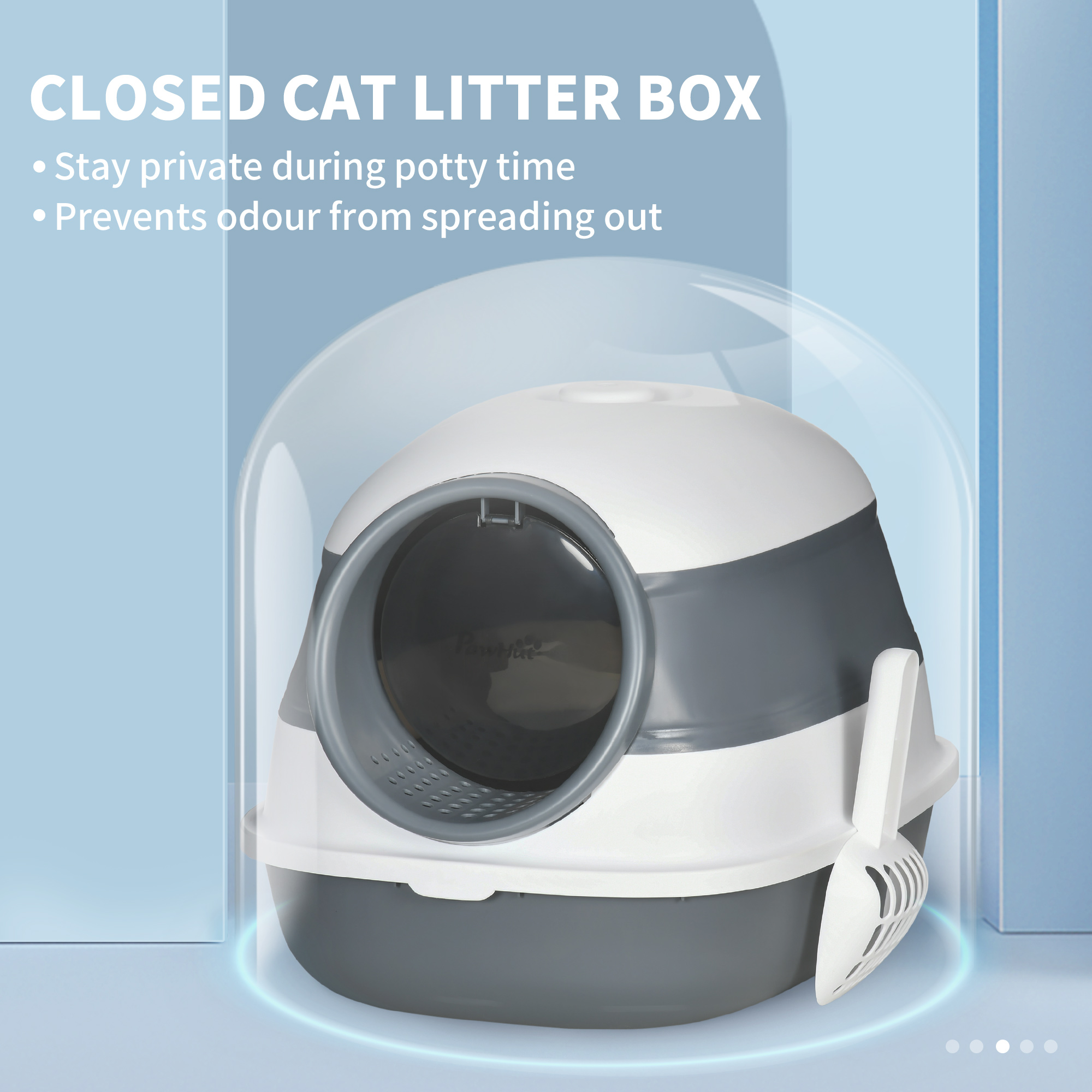 Dome Covered Cat Litter Box with Lid, White and Gray — imagen 3