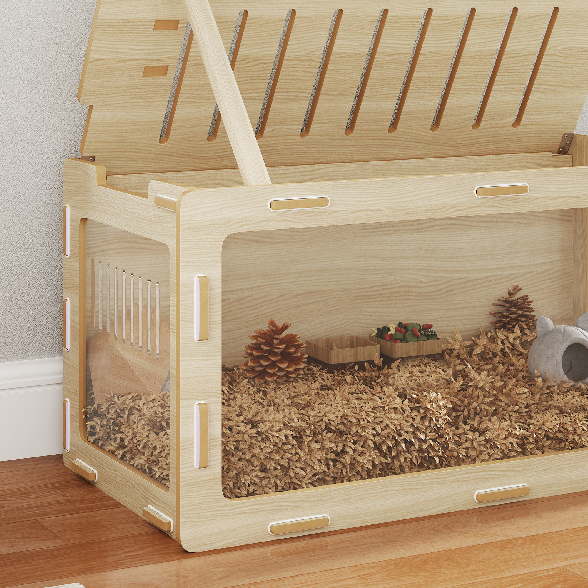 Caja para Hámsters con Paneles Acrílicos de Visión Fácil, Ventilación y Techos Abatibles, para Erizo, Rata, Conejo de Indias, 39" x 20" x 18.5", Roble — imagen 3