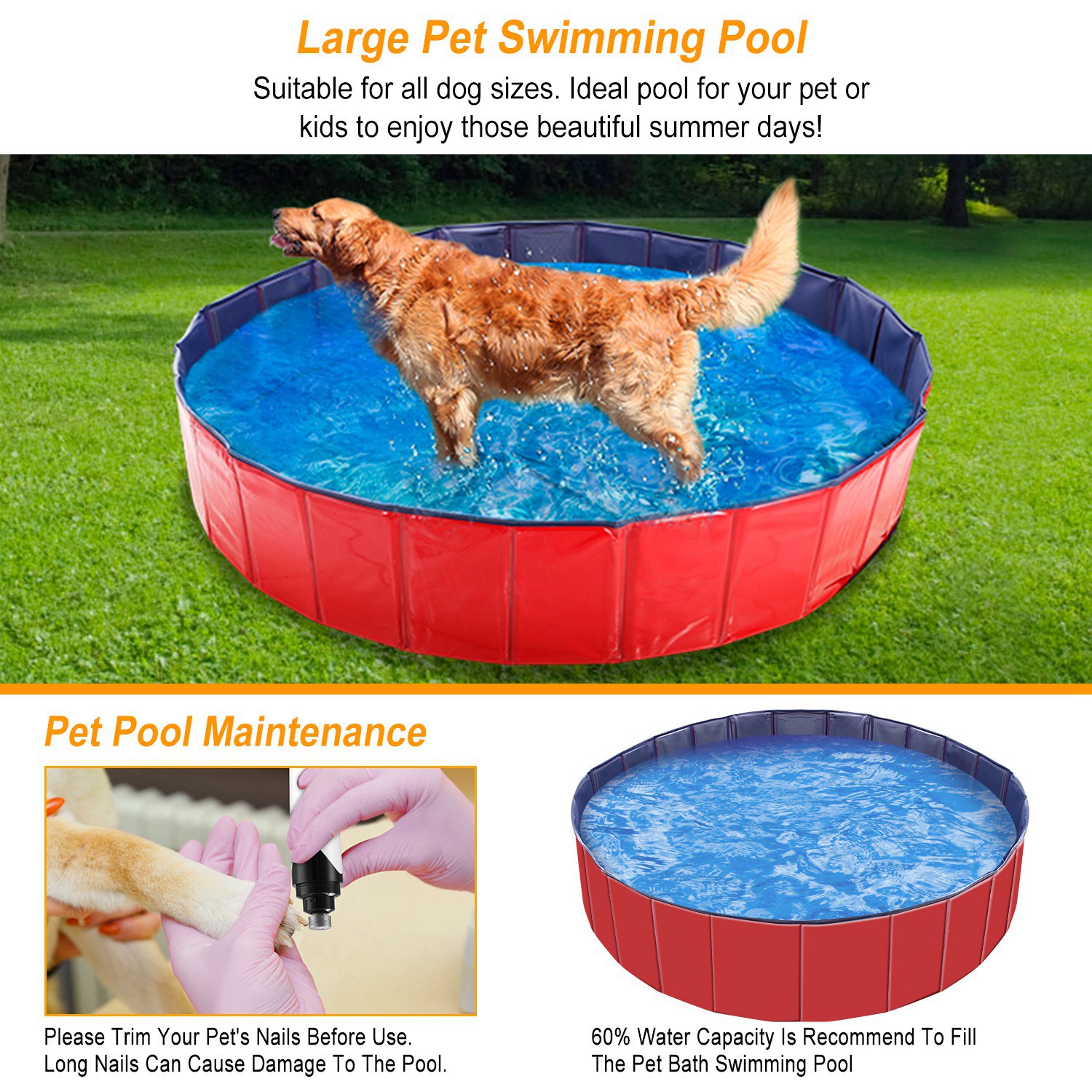 Piscina de Natación Portátil para Mascotas 160x160x30cm - 63.0x63.0x11.8 pulgadas — imagen 7