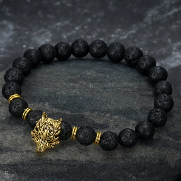 Pulsera de Cabeza de Lobo Gris y Piedra de Lava, Estilo Asgard — imagen 2